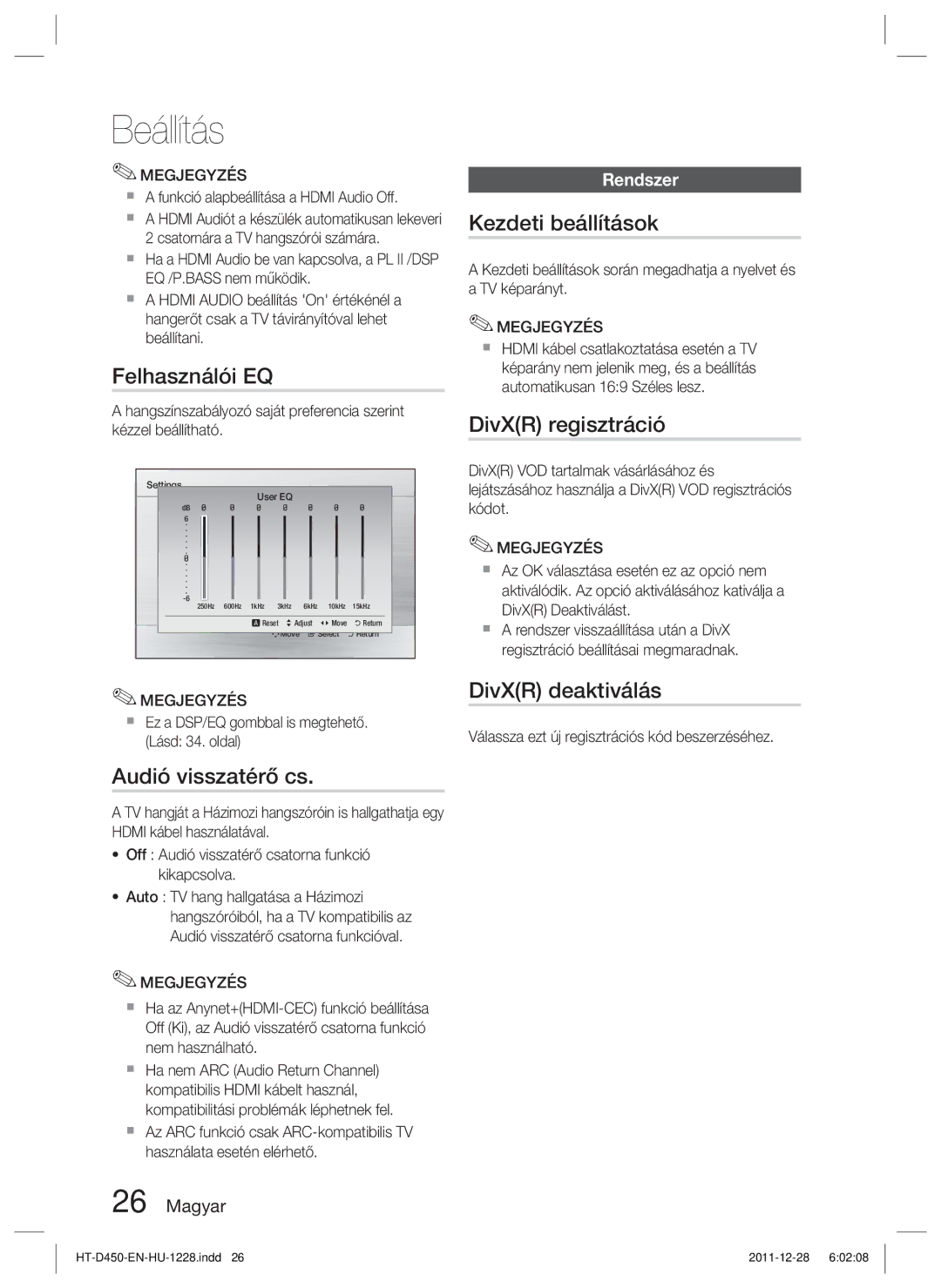 Samsung HT-D455/XY manual Felhasználói EQ, Kezdeti beállítások, DivXR regisztráció, Audió visszatérő cs, DivXR deaktiválás 