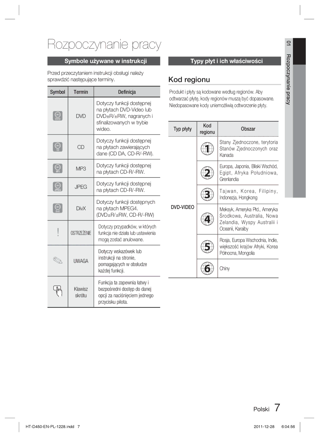 Samsung HT-D455/XE, HT-D455/EN manual Kod regionu, Symbole używane w instrukcji, Typy płyt i ich właściwości, MP3, Jpeg 