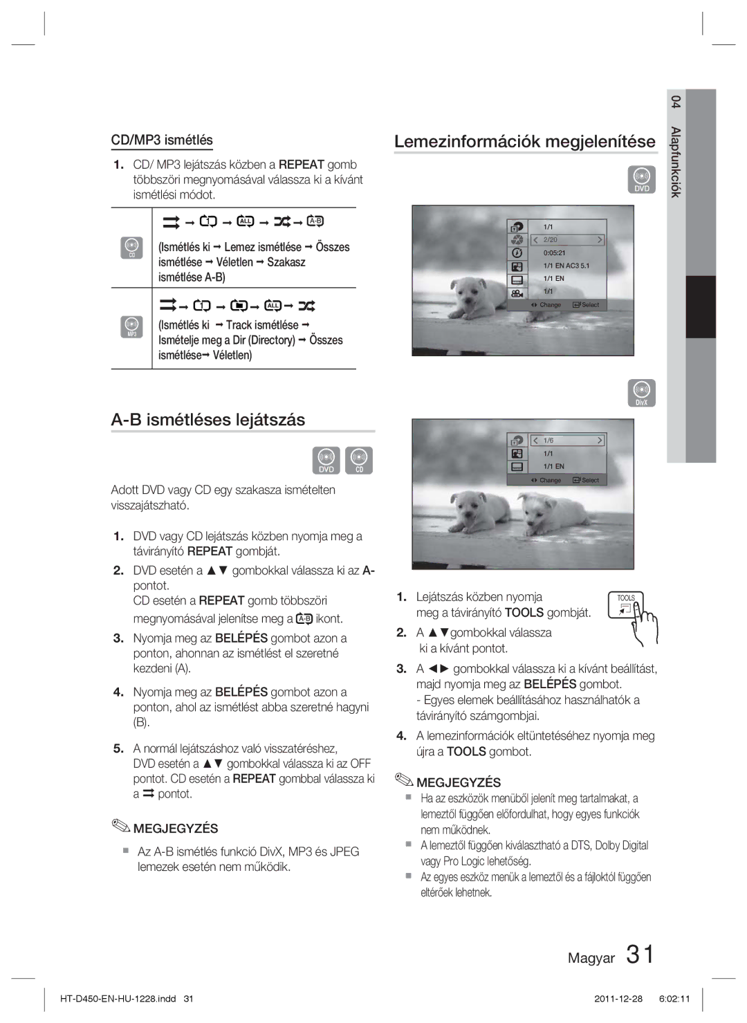 Samsung HT-D455/XE, HT-D455/EN, HT-D455/XY manual Lemezinformációk megjelenítése, Ismétléses lejátszás 