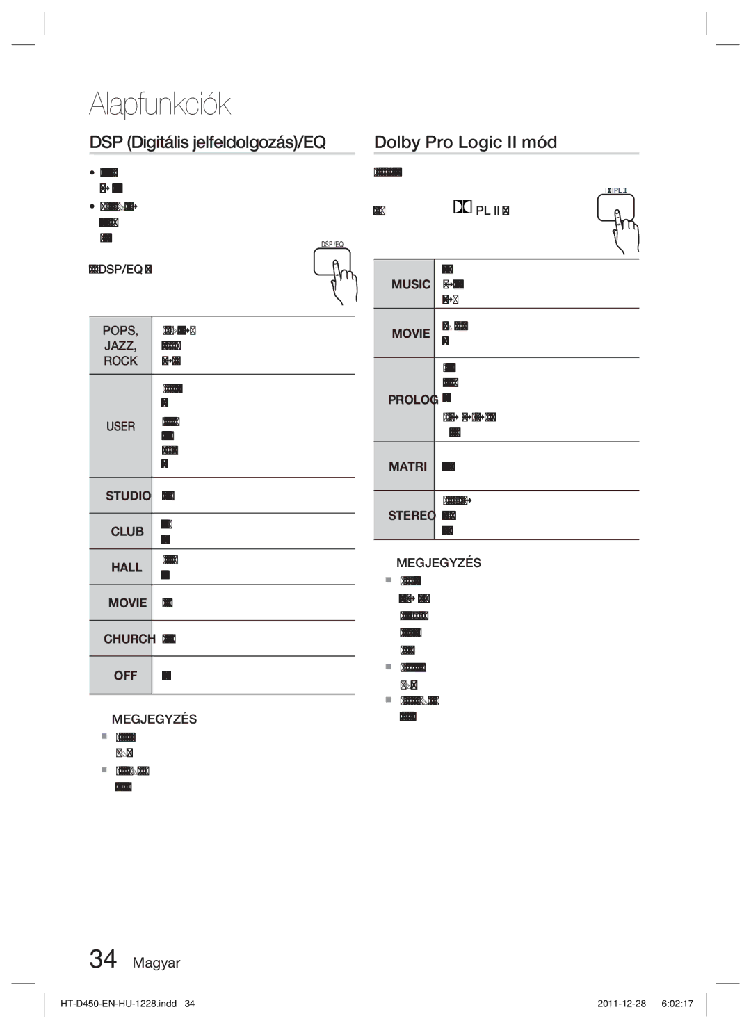 Samsung HT-D455/XE, HT-D455/EN, HT-D455/XY manual DSP Digitális jelfeldolgozás/EQ, Dolby Pro Logic II mód 