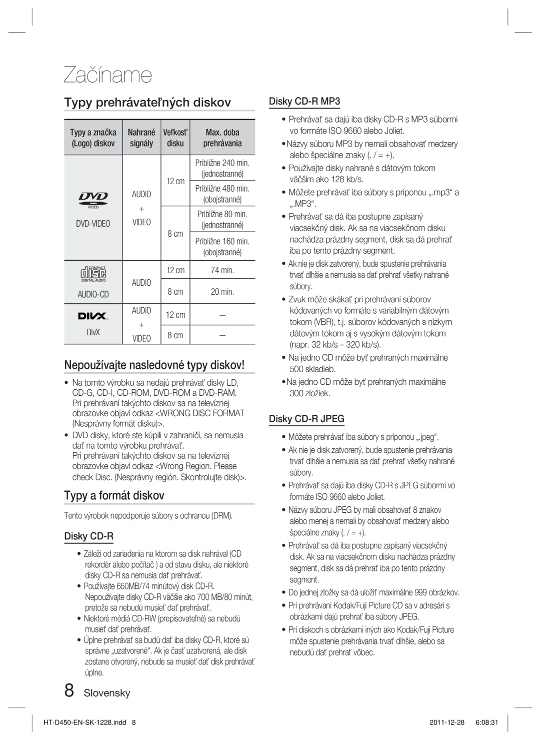 Samsung HT-D455/XY manual Typy prehrávateľných diskov, Typy a formát diskov, Slovensky Disky CD-R MP3, Disky CD-R Jpeg 