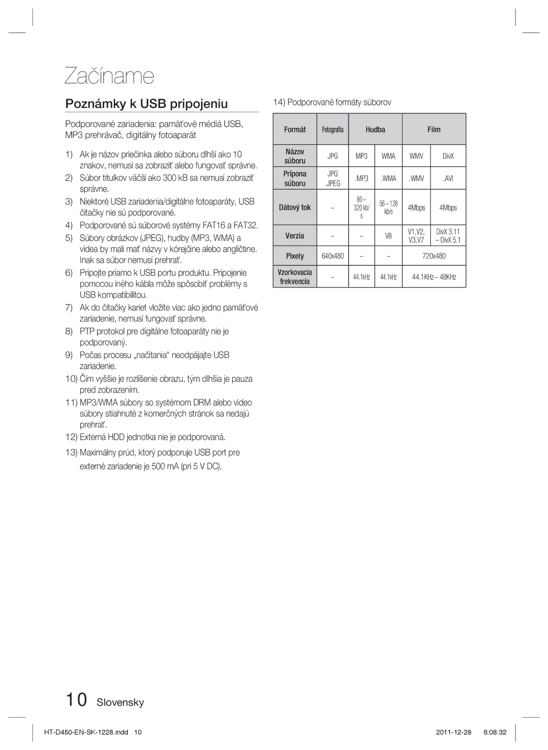 Samsung HT-D455/XE manual Poznámky k USB pripojeniu, Súbor titulkov väčší ako 300 kB sa nemusí zobraziť správne, Formát 