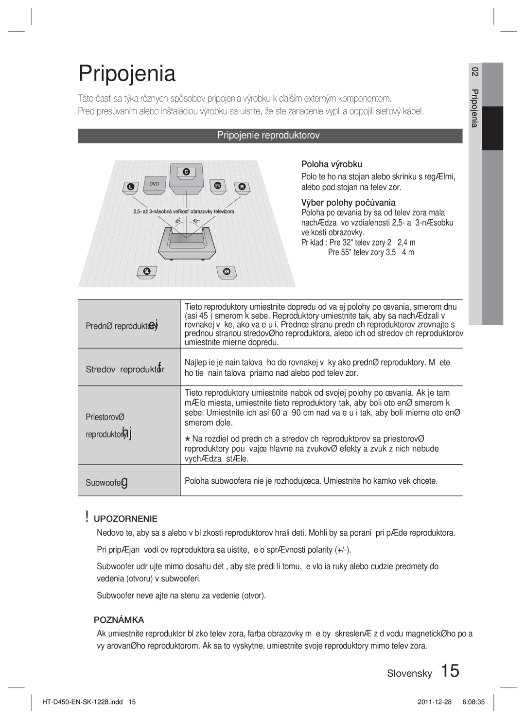 Samsung HT-D455/EN, HT-D455/XE, HT-D455/XY manual Pripojenia, Pripojenie reproduktorov, Upozornenie 