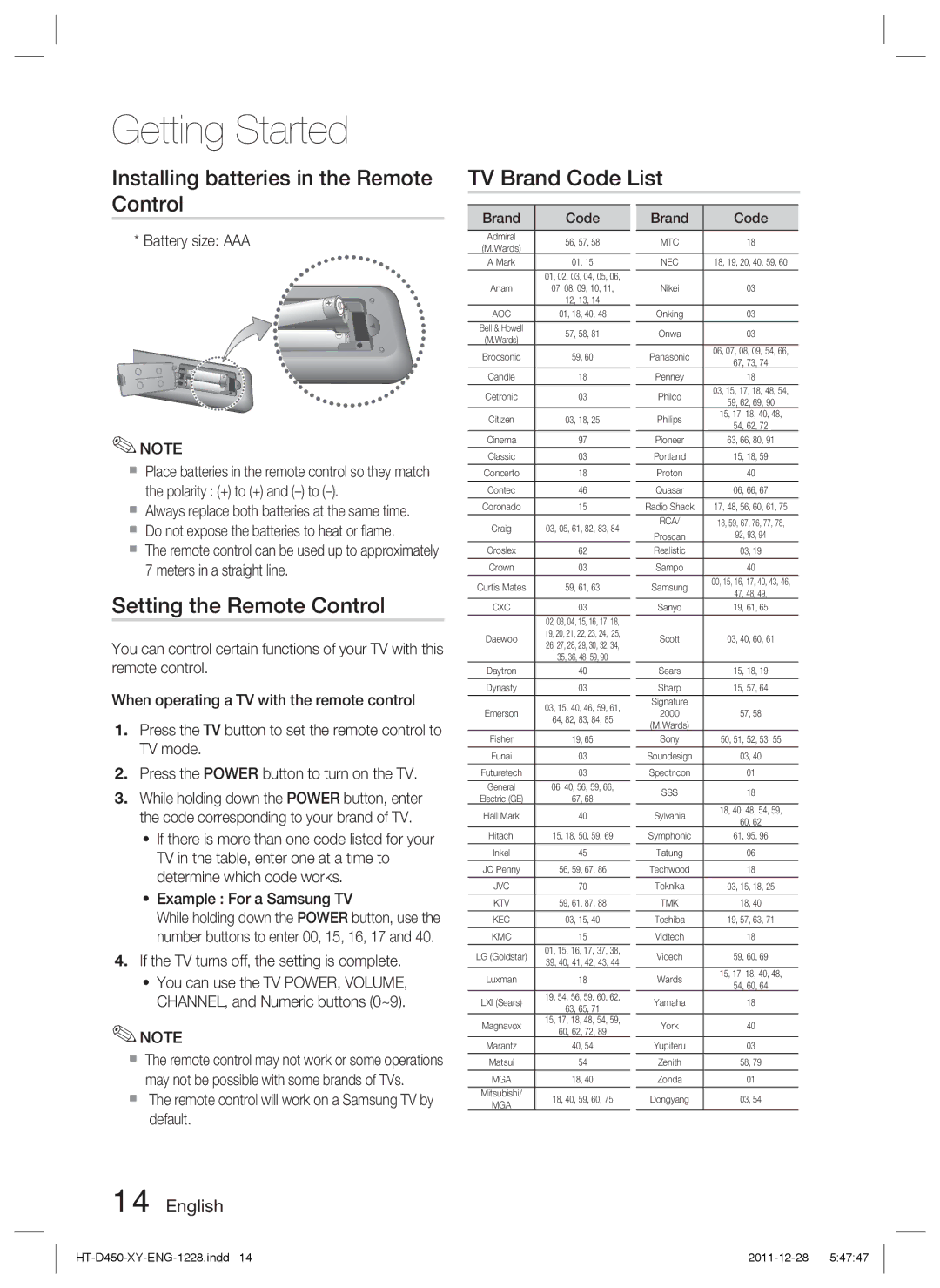 Samsung HT-D455/XY Setting the Remote Control, Battery size AAA, If the TV turns off, the setting is complete, Brand Code 