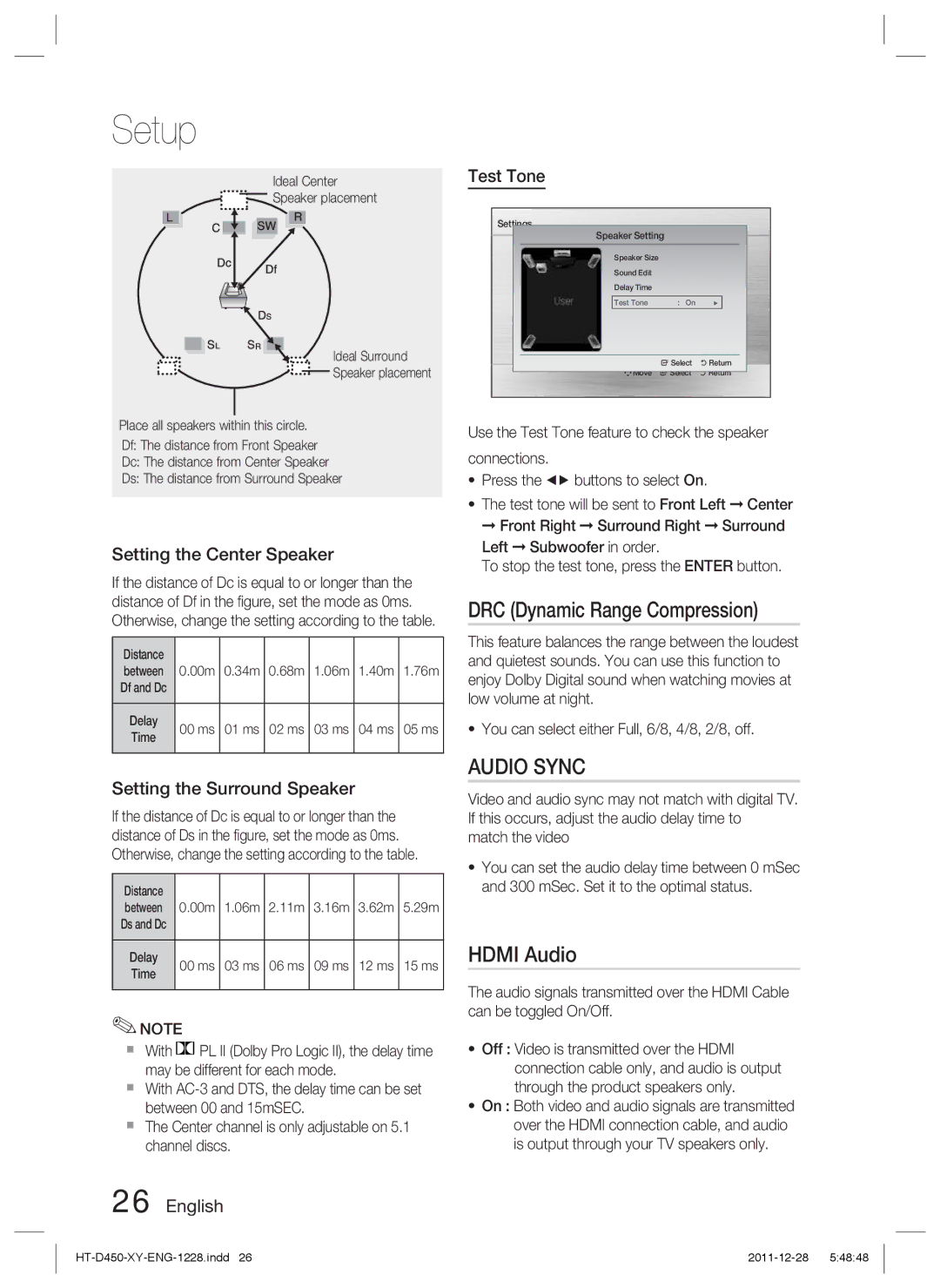 Samsung HT-D455/XY DRC Dynamic Range Compression, Hdmi Audio, Setting the Center Speaker, Setting the Surround Speaker 