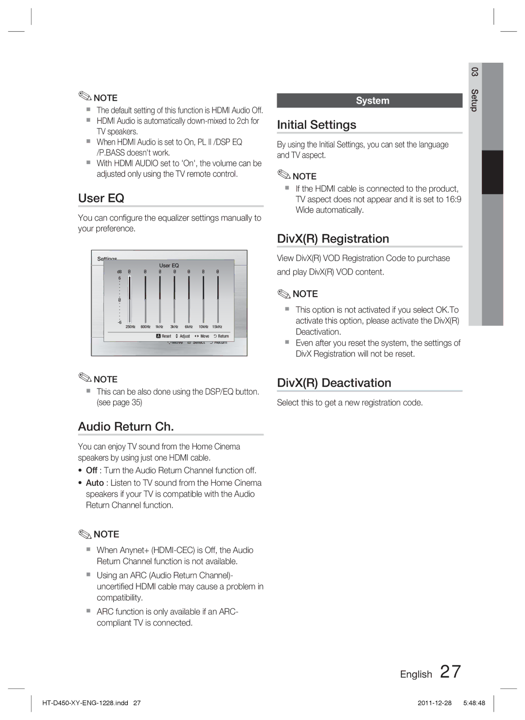 Samsung HT-D455/EN, HT-D455/XE manual User EQ, Audio Return Ch, Initial Settings, DivXR Registration, DivXR Deactivation 