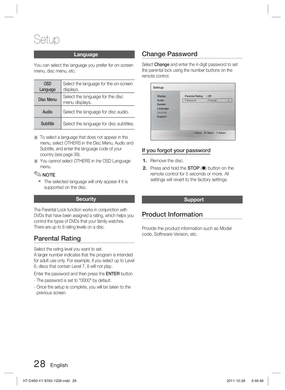 Samsung HT-D455/XE, HT-D455/EN, HT-D455/XY manual Change Password, Parental Rating, Product Information 