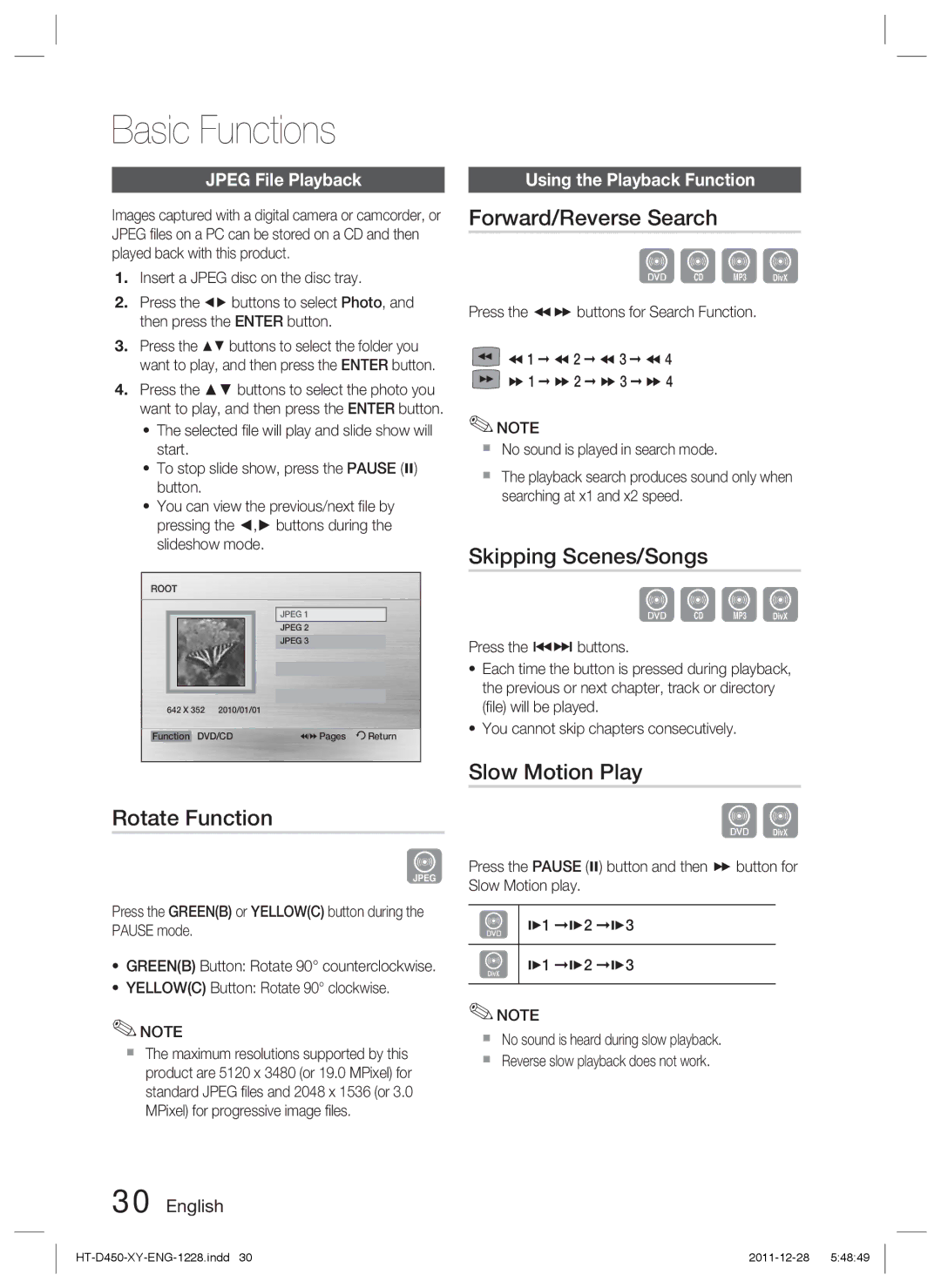 Samsung HT-D455/EN, HT-D455/XE, HT-D455/XY Forward/Reverse Search, Skipping Scenes/Songs, Rotate Function, Slow Motion Play 