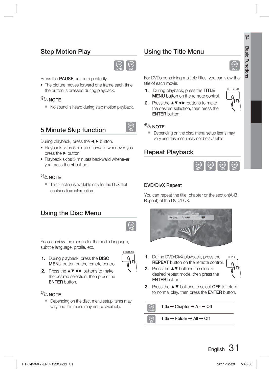 Samsung HT-D455/XE Step Motion Play, Minute Skip function, Using the Title Menu, Repeat Playback, Using the Disc Menu 