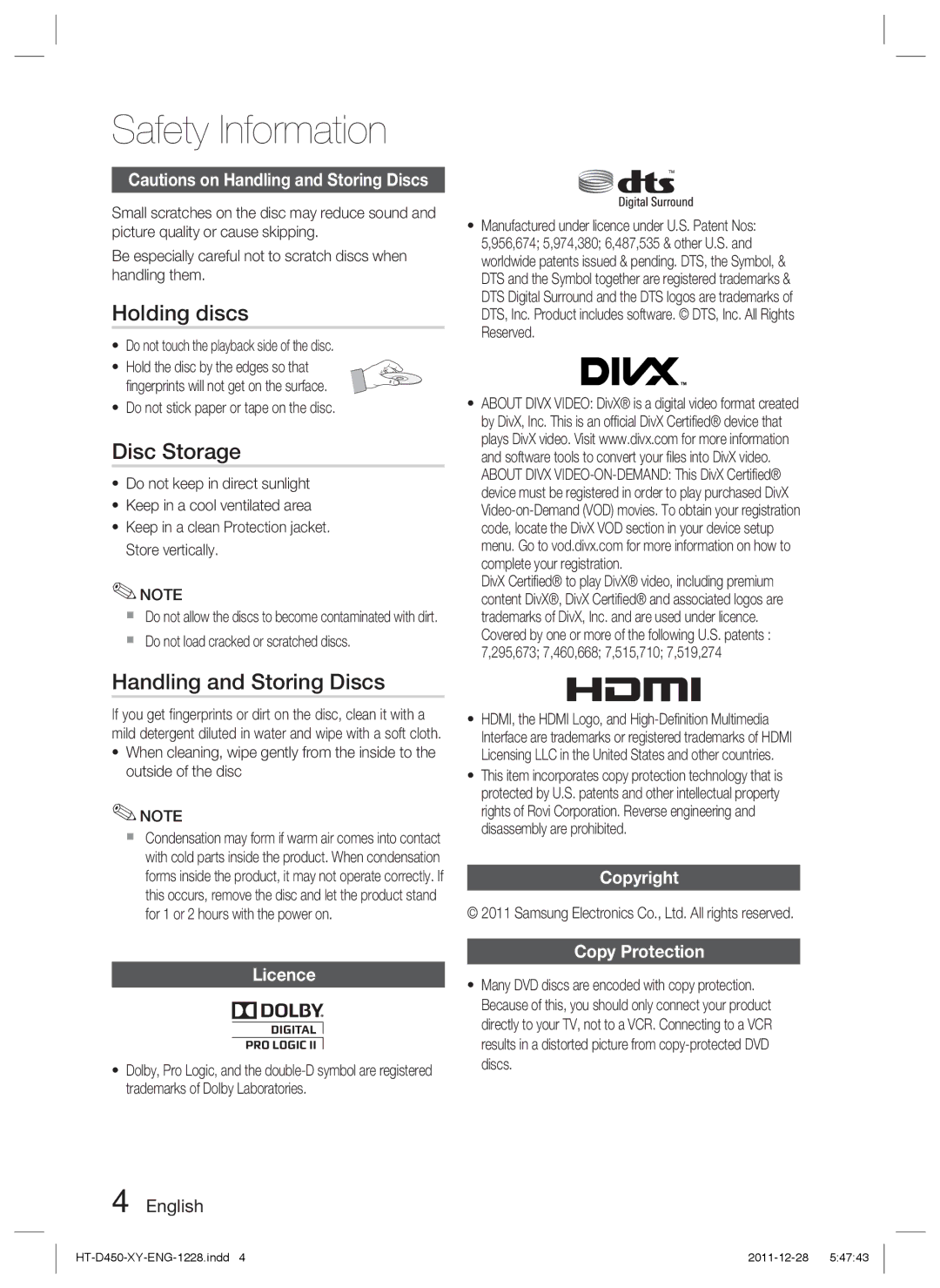 Samsung HT-D455/XE, HT-D455/EN Holding discs, Disc Storage, Handling and Storing Discs, Copyright Licence, Copy Protection 