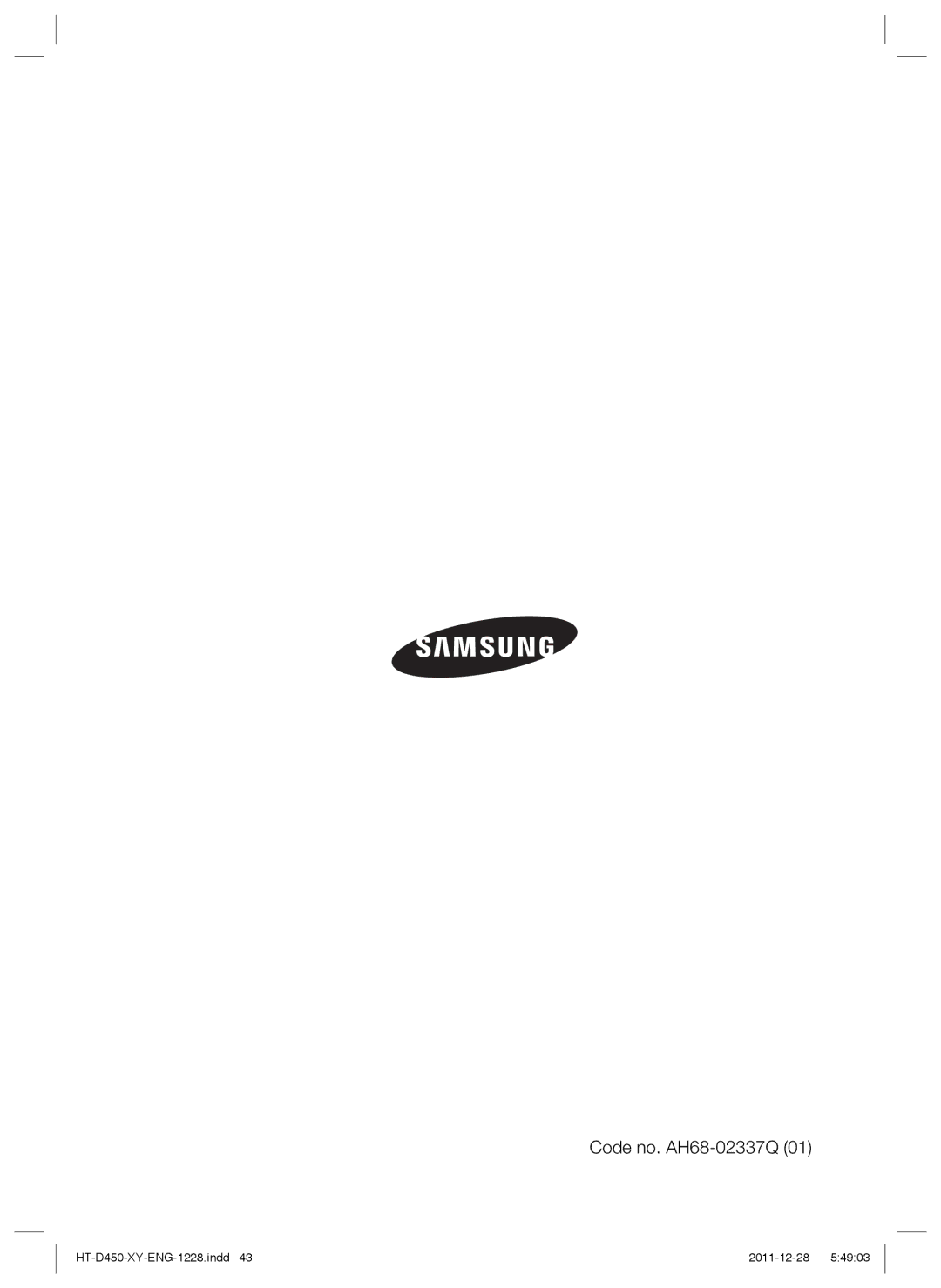 Samsung HT-D455/XE, HT-D455/EN, HT-D455/XY manual Code no. AH68-02337Q 