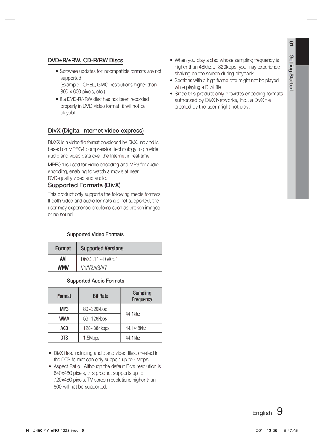 Samsung HT-D455/EN DVD±R/±RW, CD-R/RW Discs, DivX Digital internet video express, Supported Formats DivX, V1/V2/V3/V7 