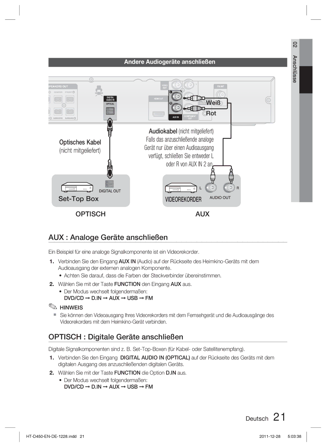 Samsung HT-D455/ZF AUX Analoge Geräte anschließen, Optisch Digitale Geräte anschließen, Andere Audiogeräte anschließen 