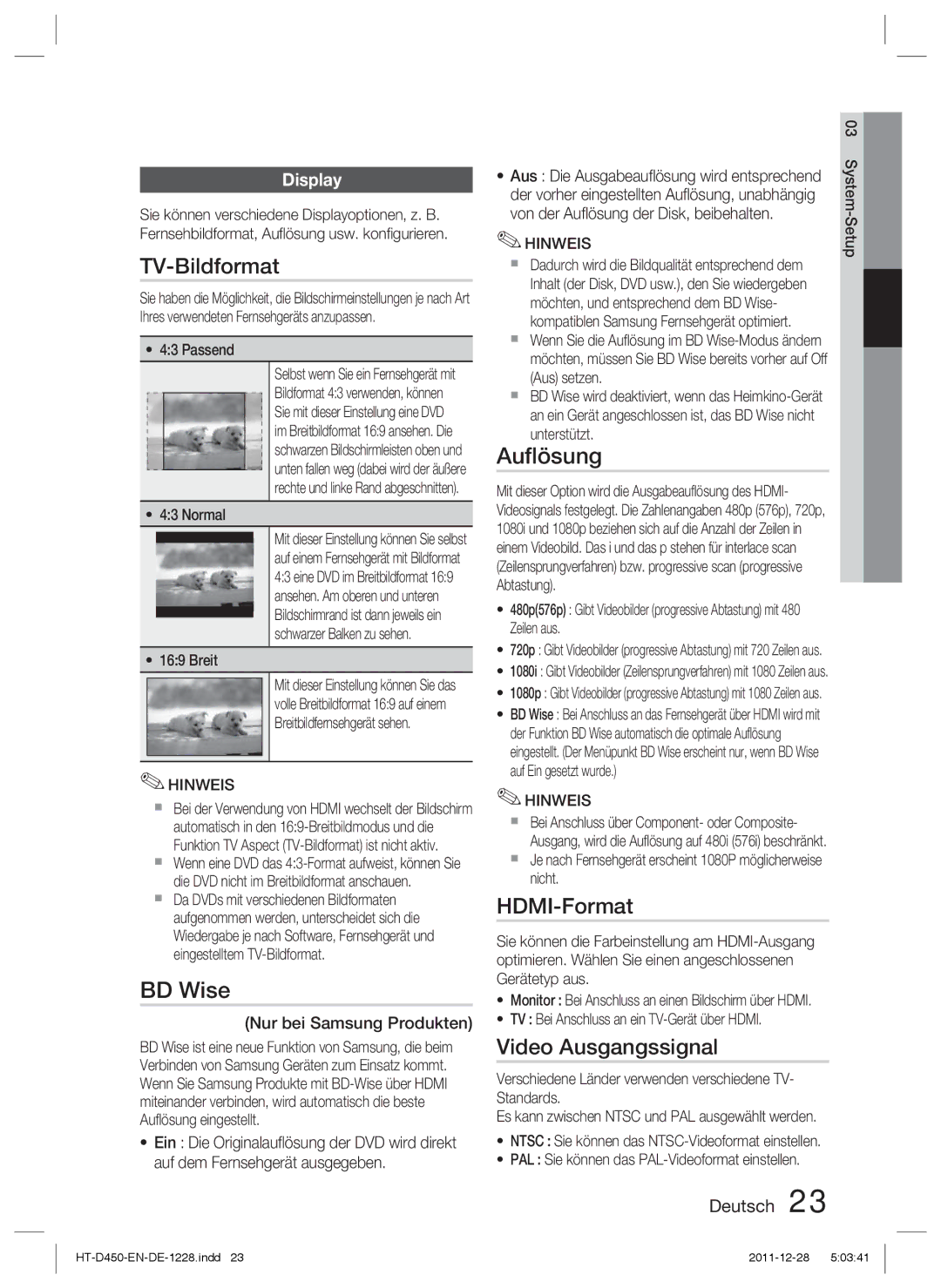 Samsung HT-D455/XY, HT-D455/EN, HT-D455/ZF, HT-D455/XE manual TV-Bildformat, Auﬂösung, HDMI-Format, Video Ausgangssignal 