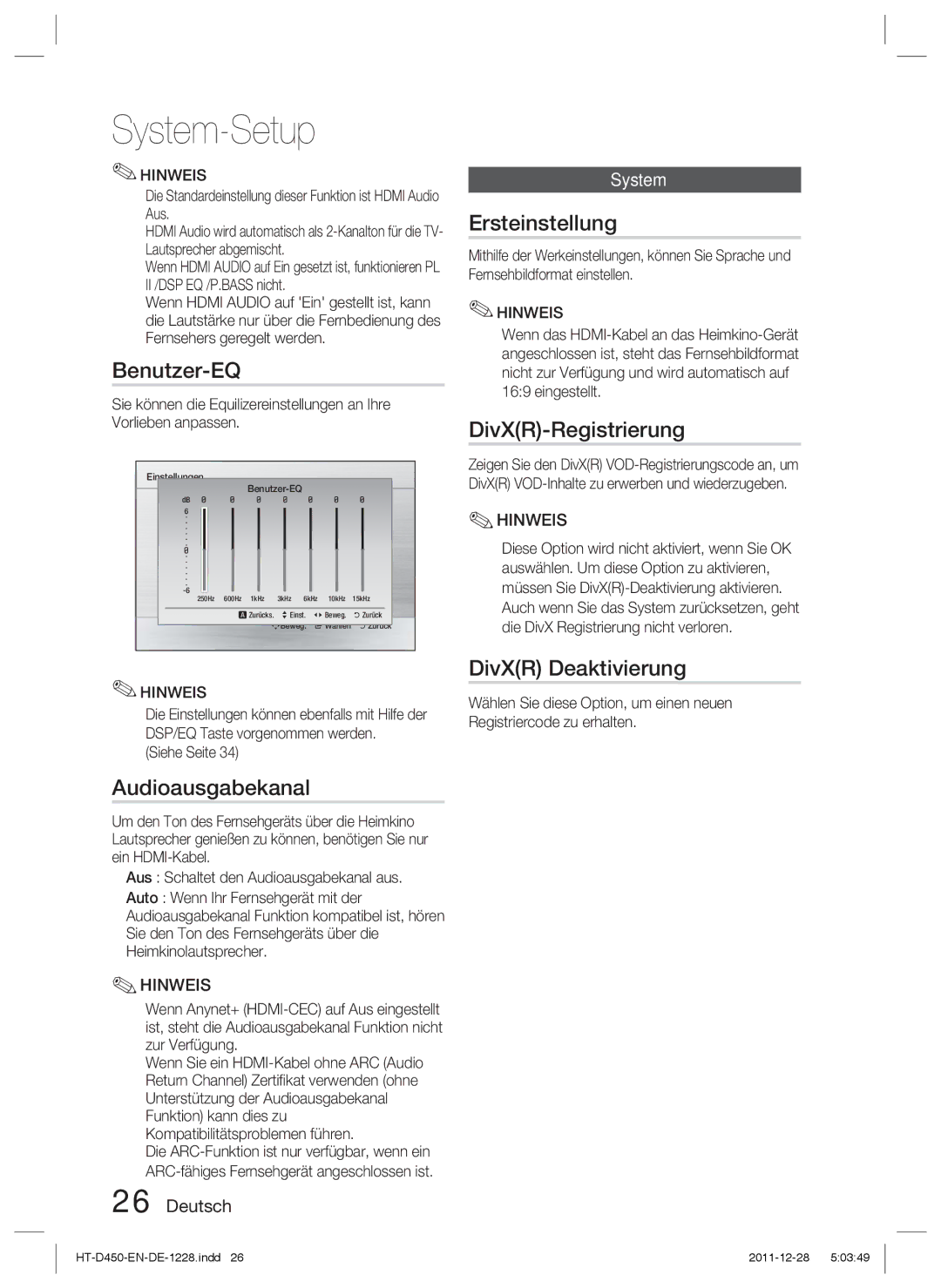 Samsung HT-D455/XE, HT-D455/EN Benutzer-EQ, Ersteinstellung, DivXR-Registrierung, Audioausgabekanal, DivXR Deaktivierung 