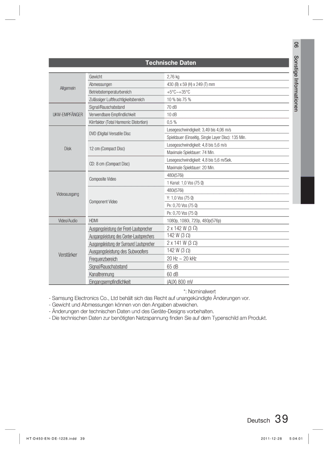 Samsung HT-D455/XY, HT-D455/EN, HT-D455/ZF, HT-D455/XE manual Technische Daten, Verstärker 