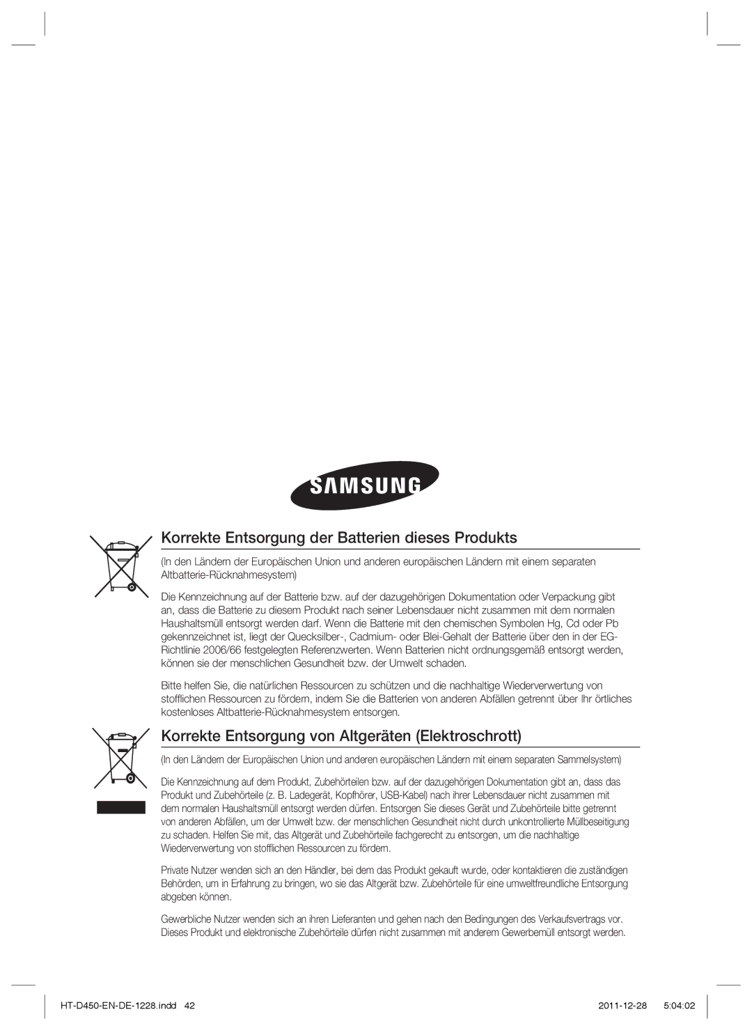 Samsung HT-D455/XE Korrekte Entsorgung der Batterien dieses Produkts, Korrekte Entsorgung von Altgeräten Elektroschrott 