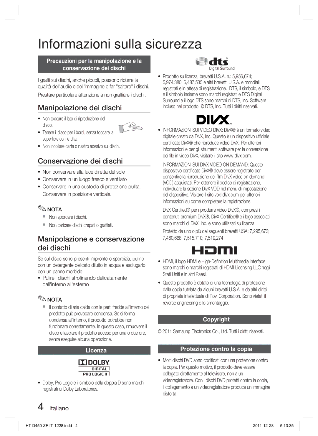 Samsung HT-D455/XE manual Manipolazione dei dischi, Conservazione dei dischi, Manipolazione e conservazione dei dischi 