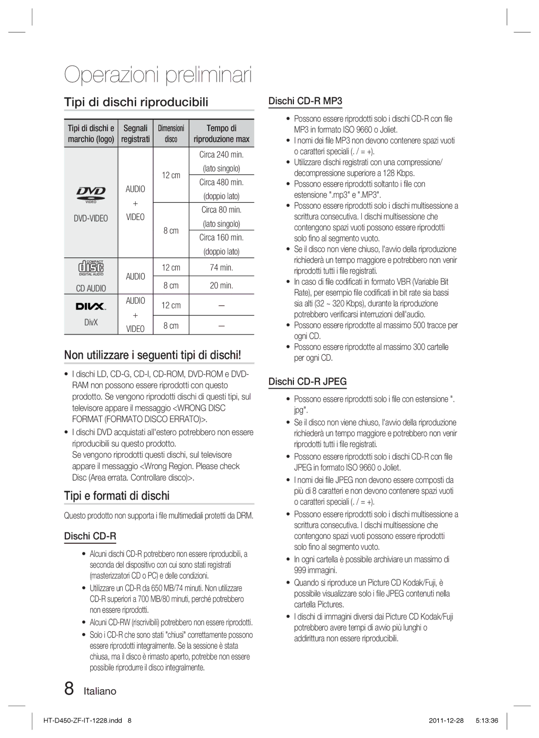 Samsung HT-D455/XE manual Tipi di dischi riproducibili, Non utilizzare i seguenti tipi di dischi, Tipi e formati di dischi 