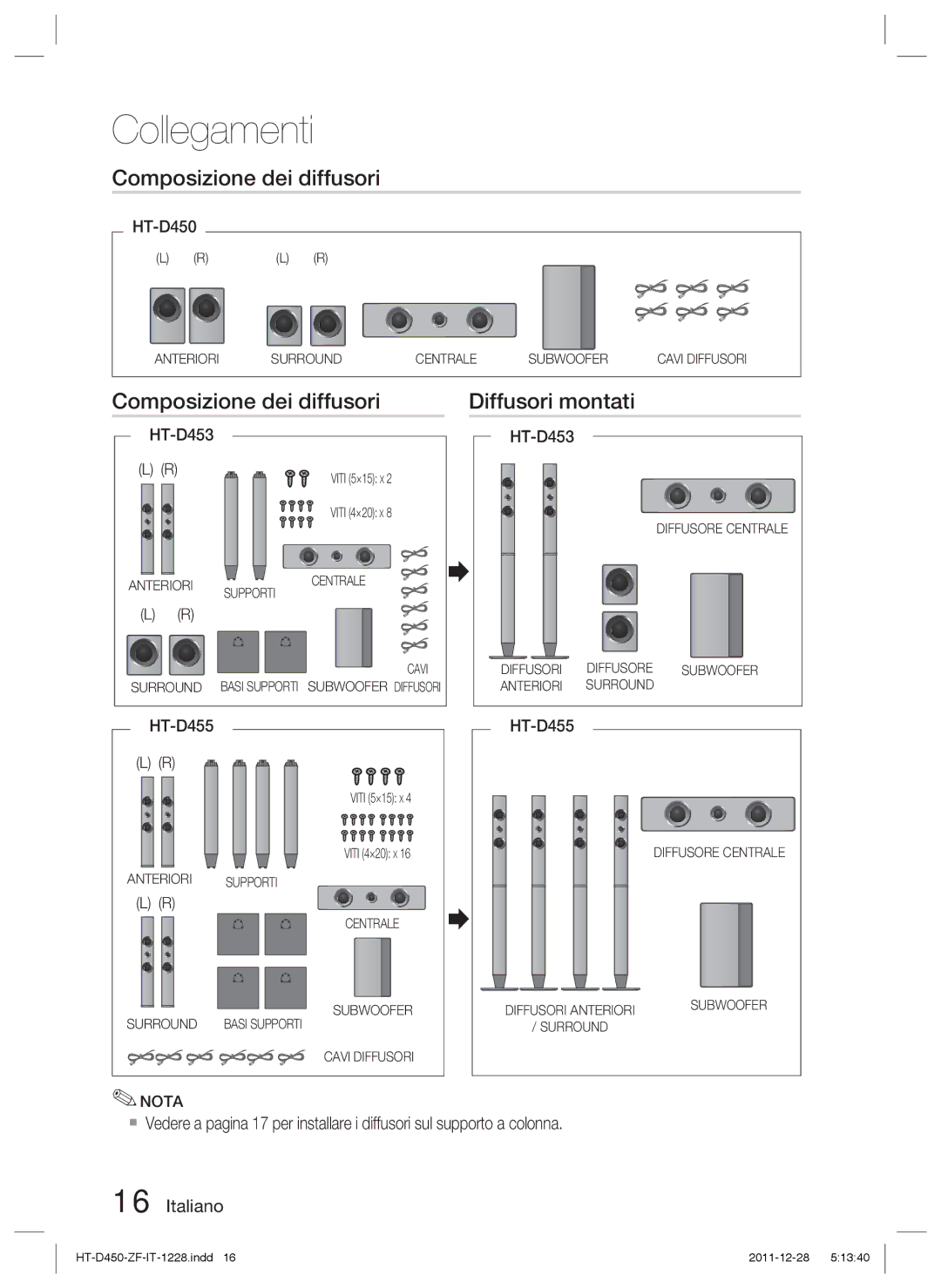 Samsung HT-D455/XE, HT-D455/EN, HT-D455/ZF manual Composizione dei diffusori Diffusori montati, Viti 5×15 X Viti 4×20 X 