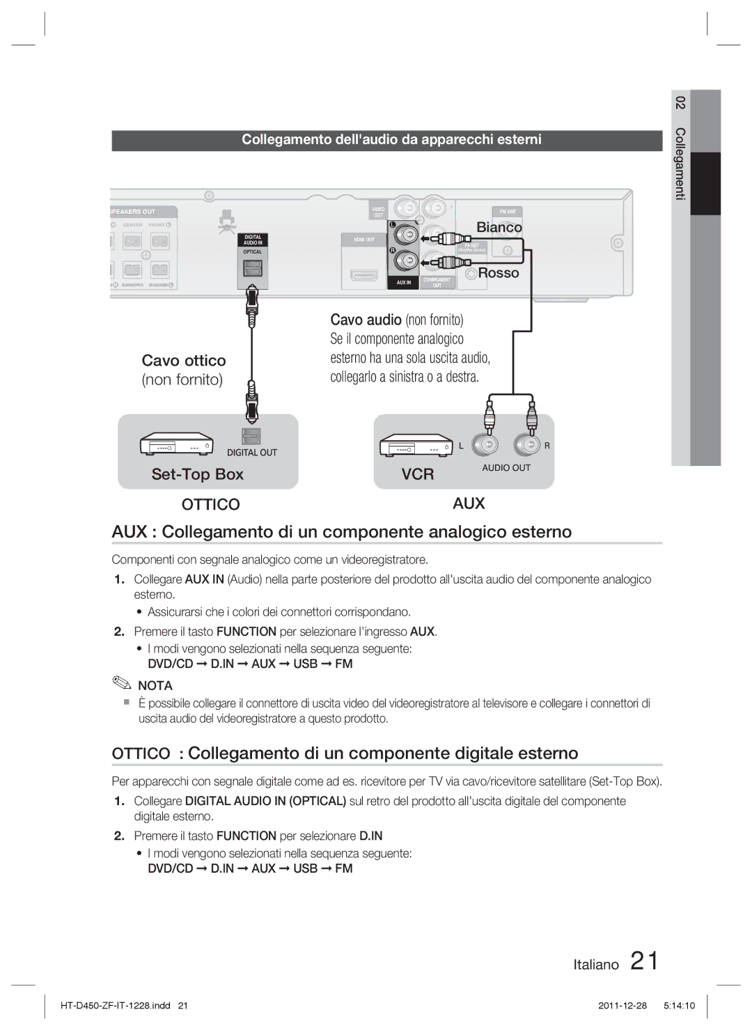 Samsung HT-D455/XY, HT-D455/EN, HT-D455/ZF, HT-D455/XE manual AUX Collegamento di un componente analogico esterno 