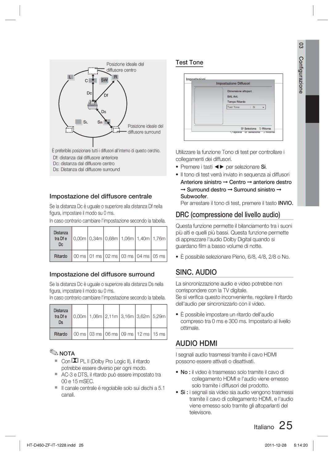 Samsung HT-D455/XY, HT-D455/EN manual DRC compressione del livello audio, Impostazione del diffusore centrale, Test Tone 