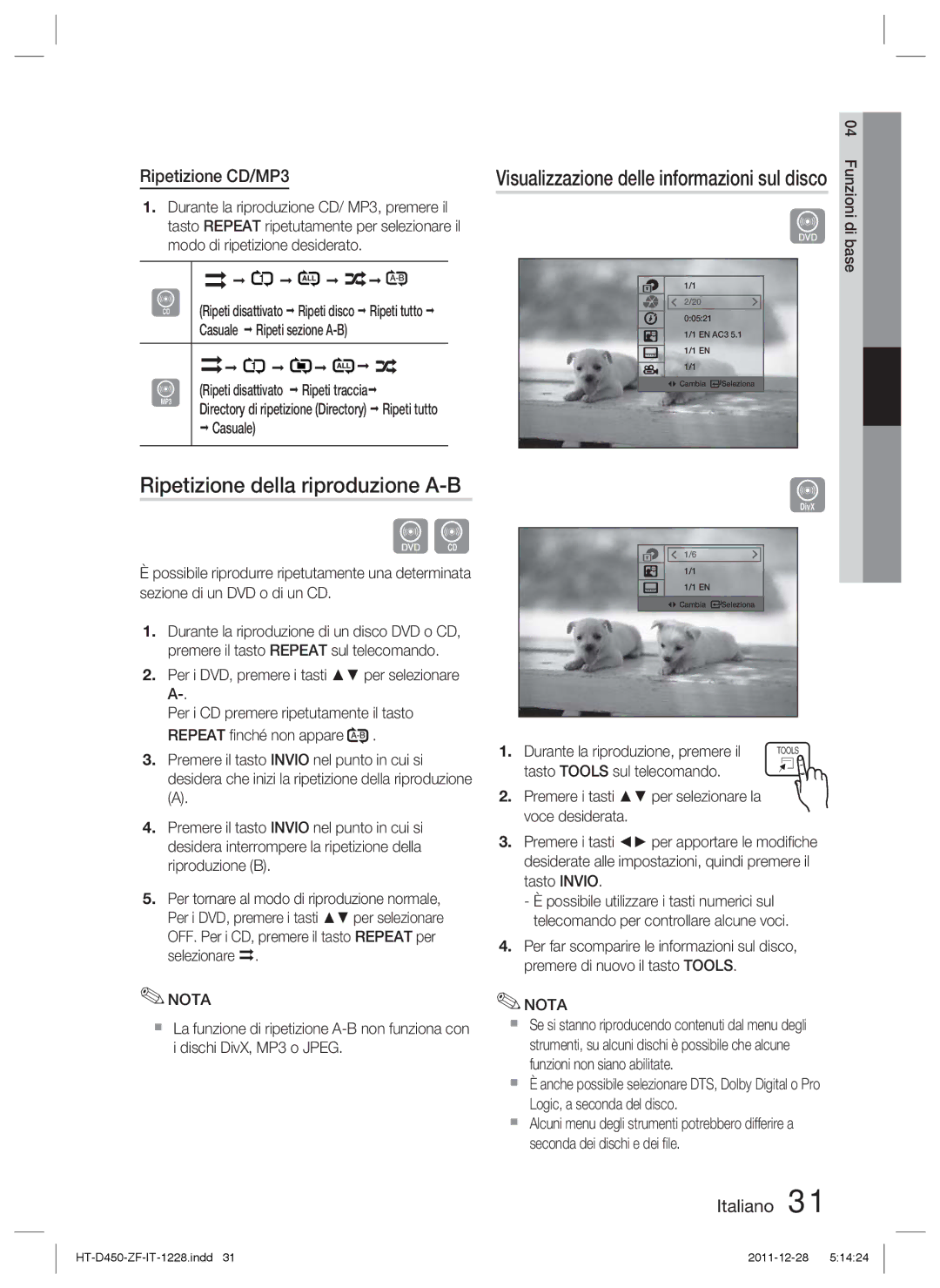 Samsung HT-D455/ZF manual Ripetizione della riproduzione A-B, Ripeti tutto, Casuale, Durante la riproduzione, premere il 