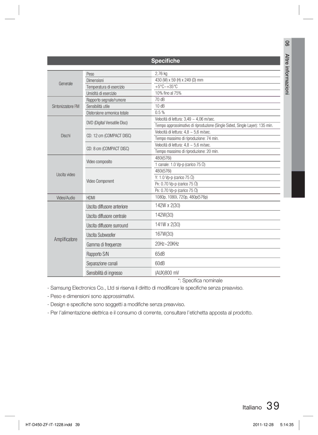 Samsung HT-D455/ZF, HT-D455/EN, HT-D455/XE, HT-D455/XY manual Speciﬁche 