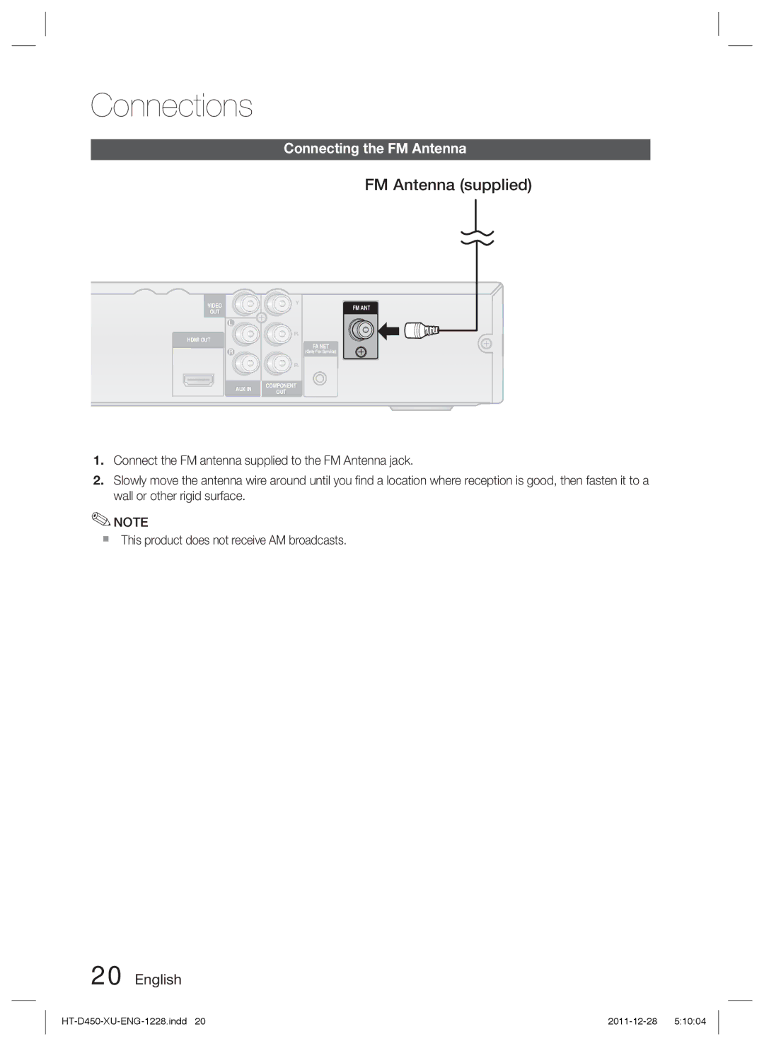 Samsung HT-D455/EN, HT-D455/ZF, HT-D455/XE, HT-D455/XY manual FM Antenna supplied, Connecting the FM Antenna 