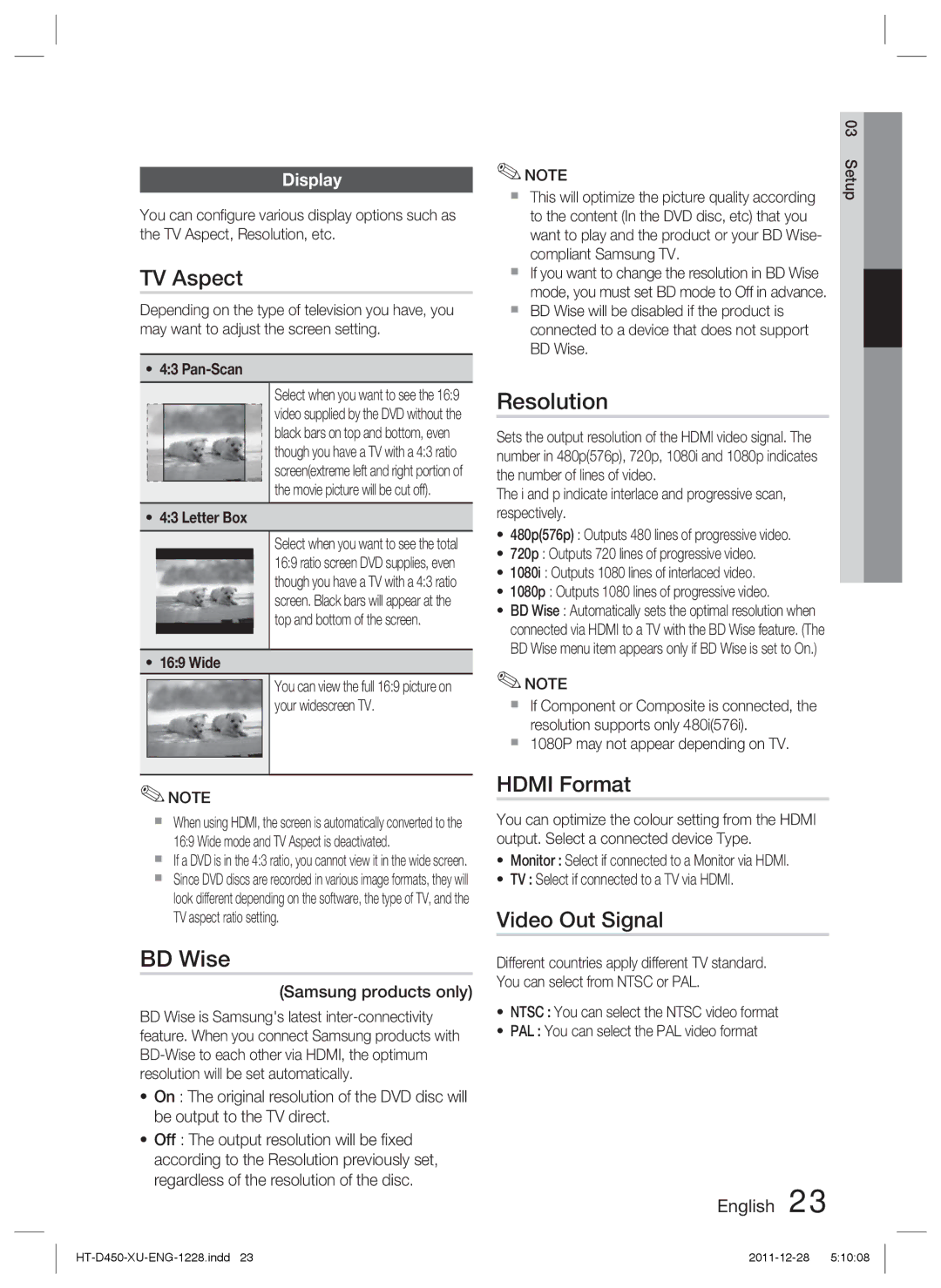 Samsung HT-D455/XY, HT-D455/EN, HT-D455/ZF, HT-D455/XE manual TV Aspect, BD Wise, Resolution, Hdmi Format, Video Out Signal 