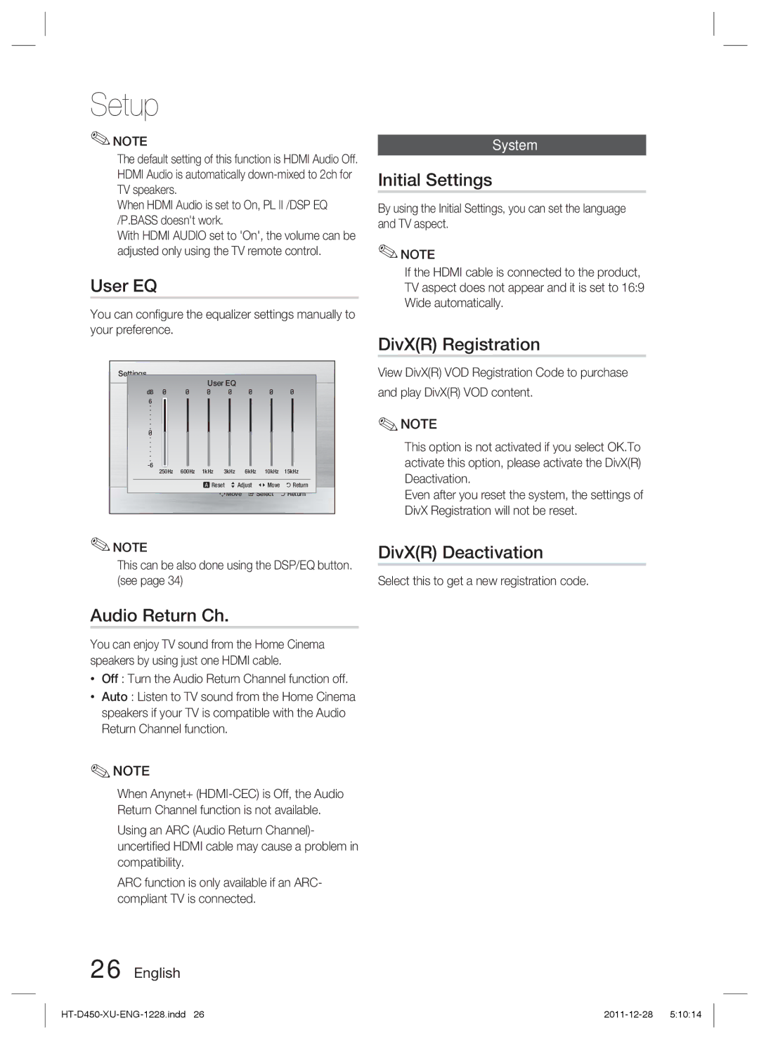 Samsung HT-D455/XE, HT-D455/EN manual User EQ, Audio Return Ch, Initial Settings, DivXR Registration, DivXR Deactivation 