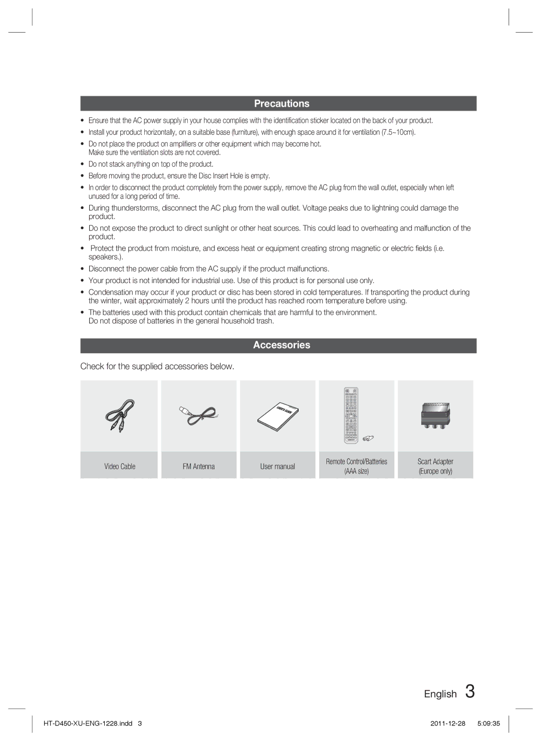 Samsung HT-D455/XY, HT-D455/EN, HT-D455/ZF, HT-D455/XE Precautions, Accessories, Check for the supplied accessories below 