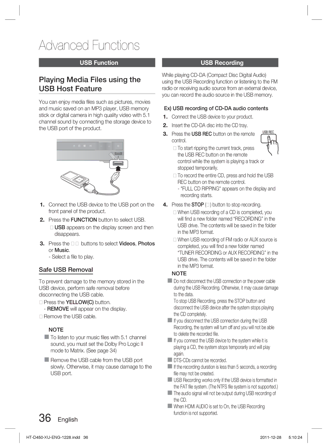 Samsung HT-D455/EN manual Playing Media Files using the USB Host Feature, USB Function, Safe USB Removal, USB Recording 