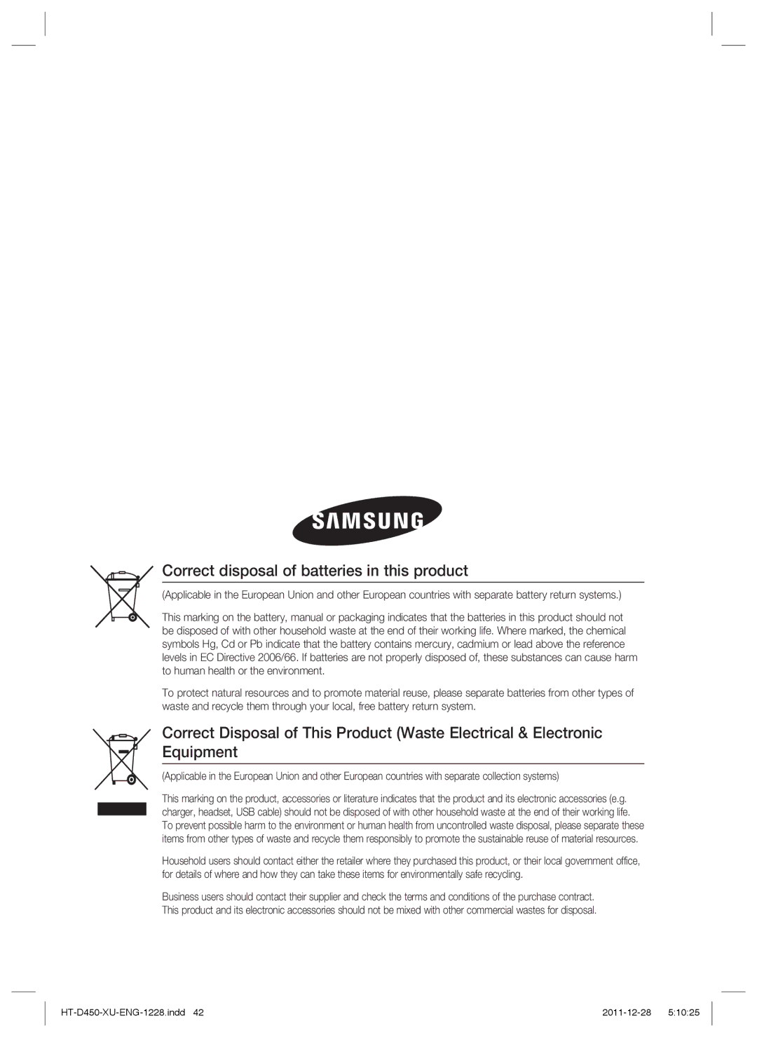 Samsung HT-D455/XE, HT-D455/EN, HT-D455/ZF, HT-D455/XY manual Correct disposal of batteries in this product 