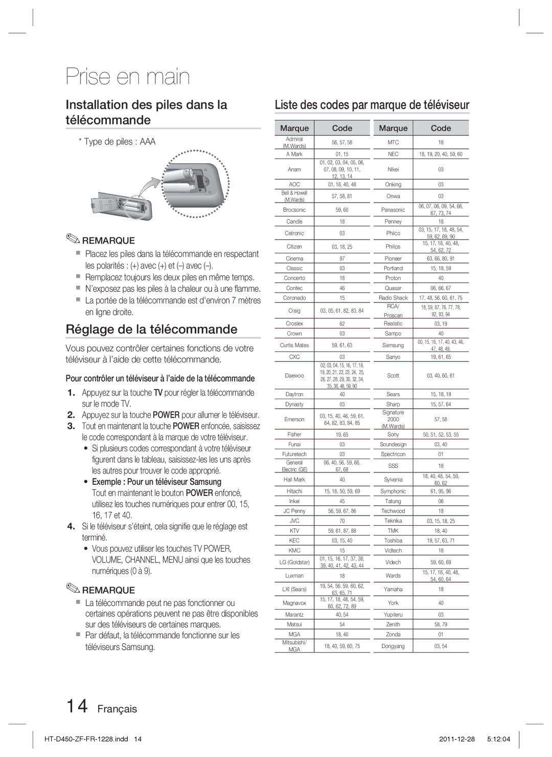 Samsung HT-D455/EN manual Réglage de la télécommande, Type de piles AAA, Exemple Pour un téléviseur Samsung, Marque Code 