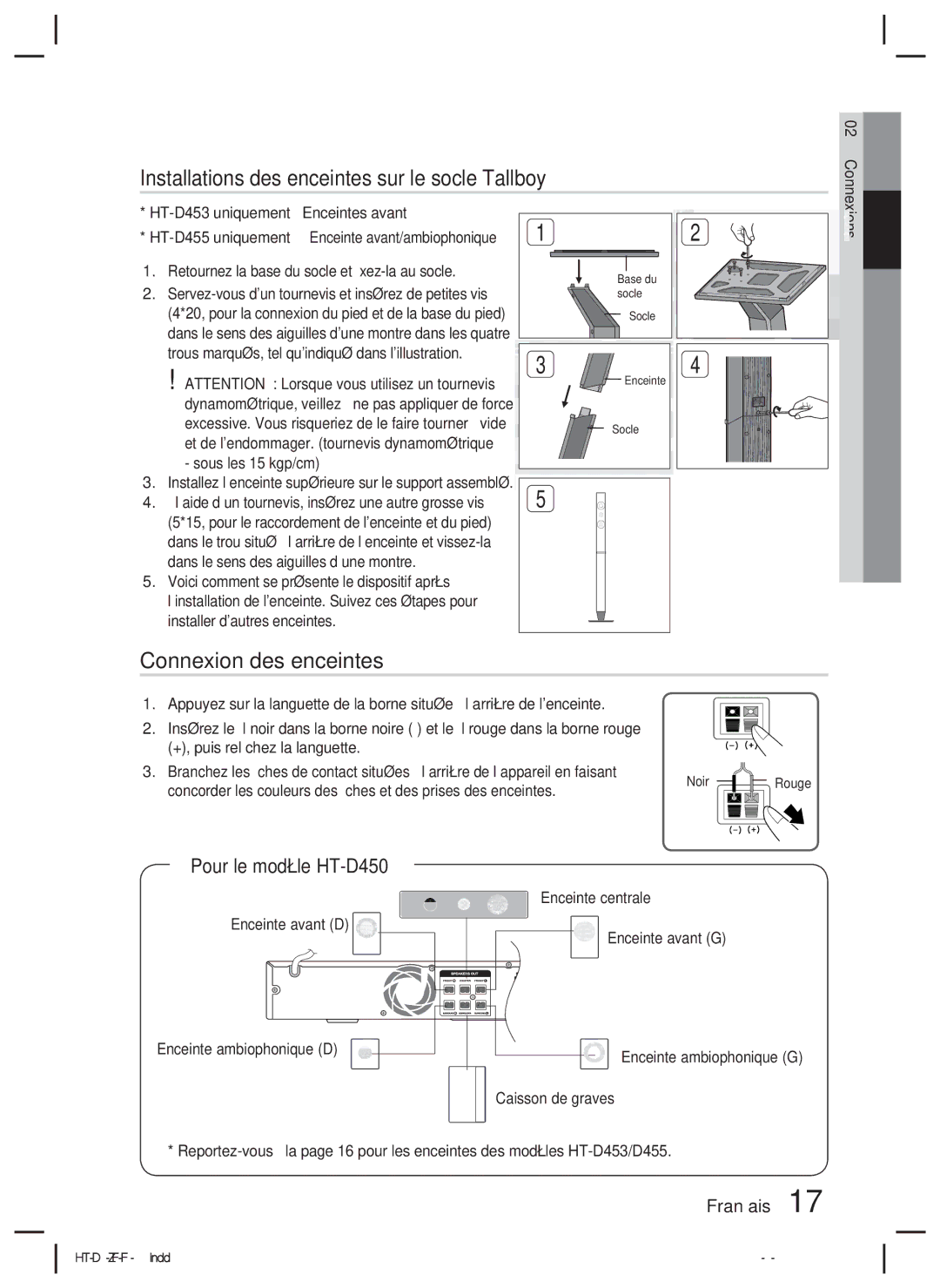 Samsung HT-D455/XY manual Installations des enceintes sur le socle Tallboy, Connexion des enceintes, Pour le modèle HT-D450 