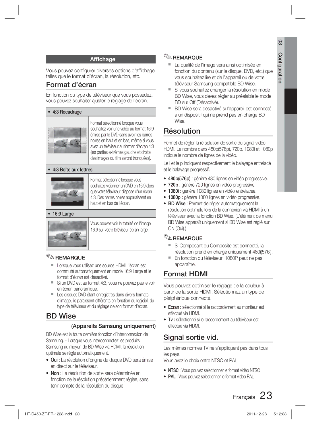 Samsung HT-D455/ZF, HT-D455/EN, HT-D455/XE, HT-D455/XY Format d’écran, Résolution, Format Hdmi, Signal sortie vid, Afﬁchage 