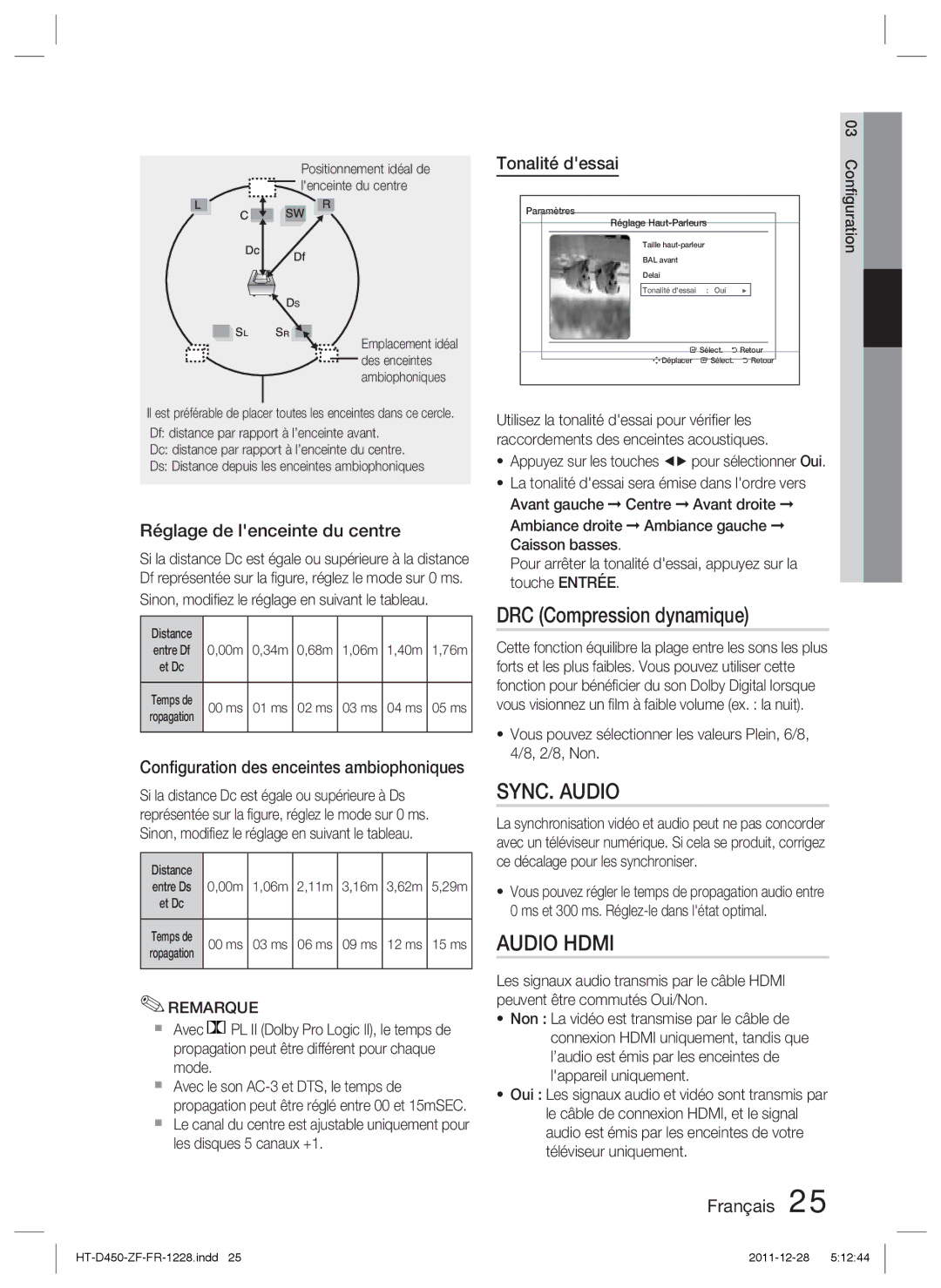 Samsung HT-D455/XY, HT-D455/EN, HT-D455/ZF manual DRC Compression dynamique, Réglage de lenceinte du centre, Tonalité dessai 