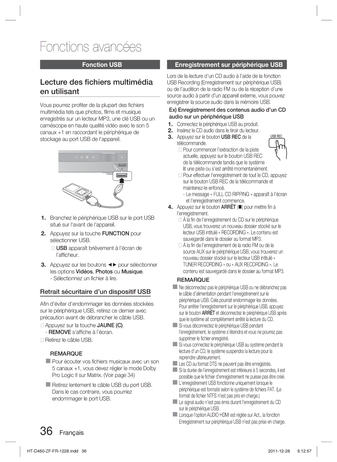 Samsung HT-D455/XE Lecture des ﬁchiers multimédia en utilisant, Fonction USB, Retrait sécuritaire d’un dispositif USB 