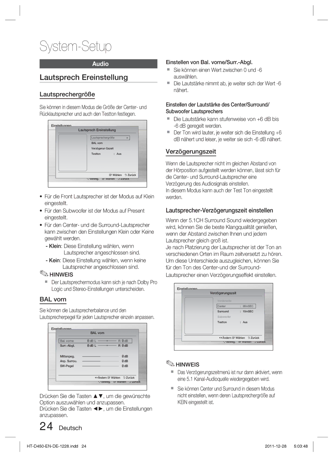 Samsung HT-D455/EN, HT-D455/ZF manual Lautsprech Ereinstellung, Lautsprechergröße, BAL vorn, Verzögerungszeit 