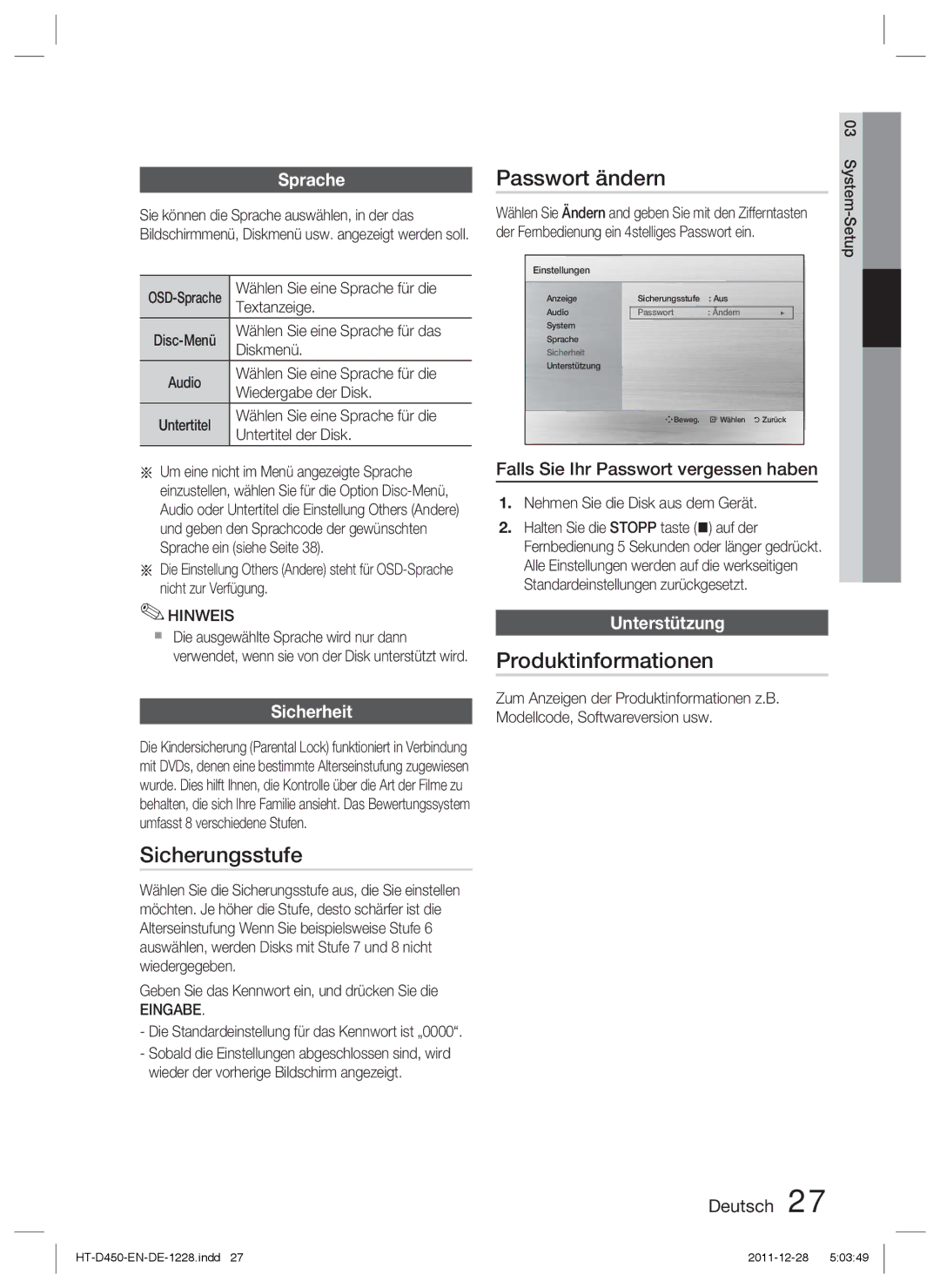 Samsung HT-D455/ZF, HT-D455/EN manual Sicherungsstufe, Passwort ändern, Produktinformationen 