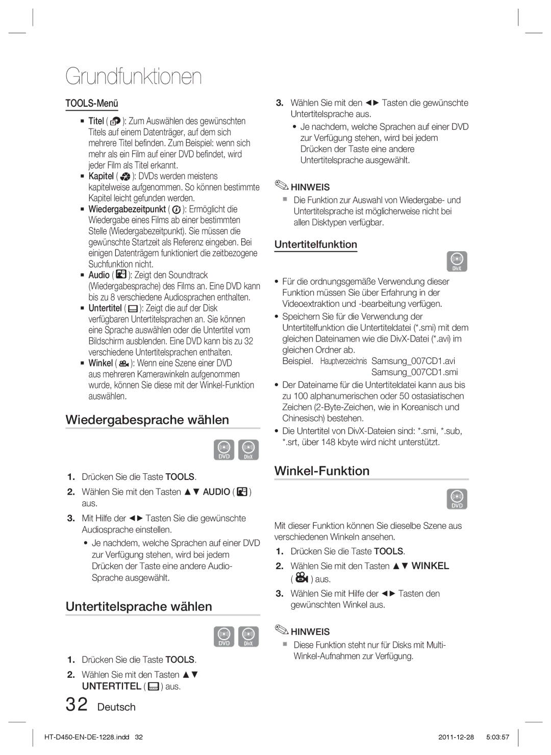 Samsung HT-D455/EN Wiedergabesprache wählen, Untertitelsprache wählen, Winkel-Funktion, TOOLS-Menü, Untertitelfunktion 