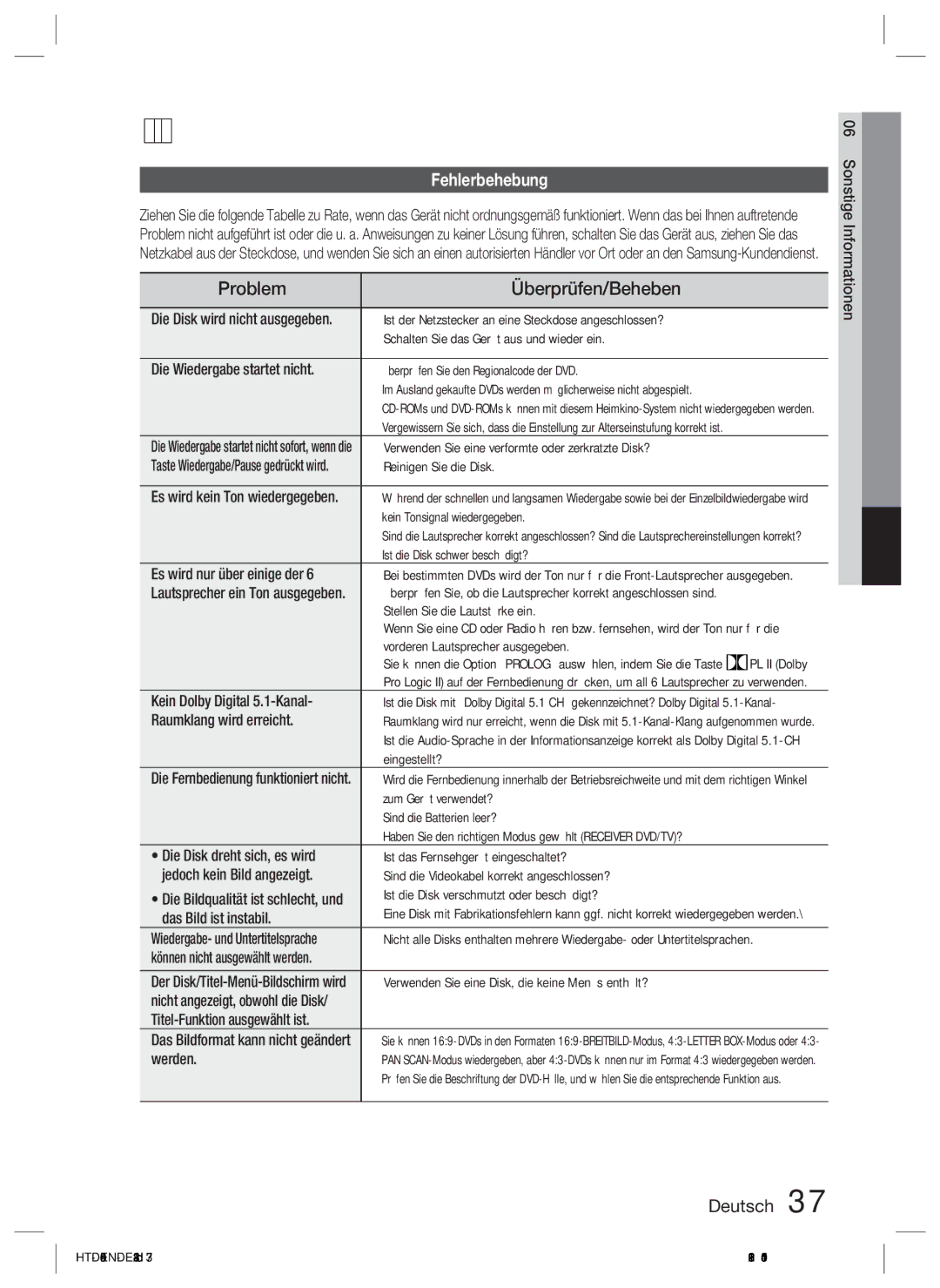 Samsung HT-D455/ZF, HT-D455/EN manual Sonstige Informationen, Problem Überprüfen/Beheben, Fehlerbehebung 