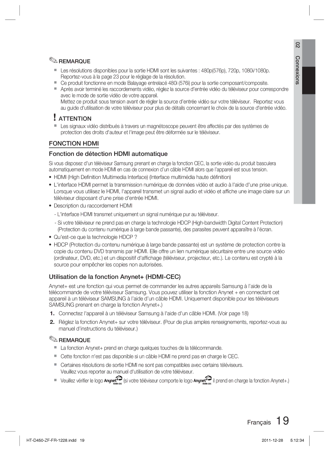 Samsung HT-D455/ZF, HT-D455/EN manual Fonction de détection Hdmi automatique, Utilisation de la fonction Anynet+ HDMI-CEC 