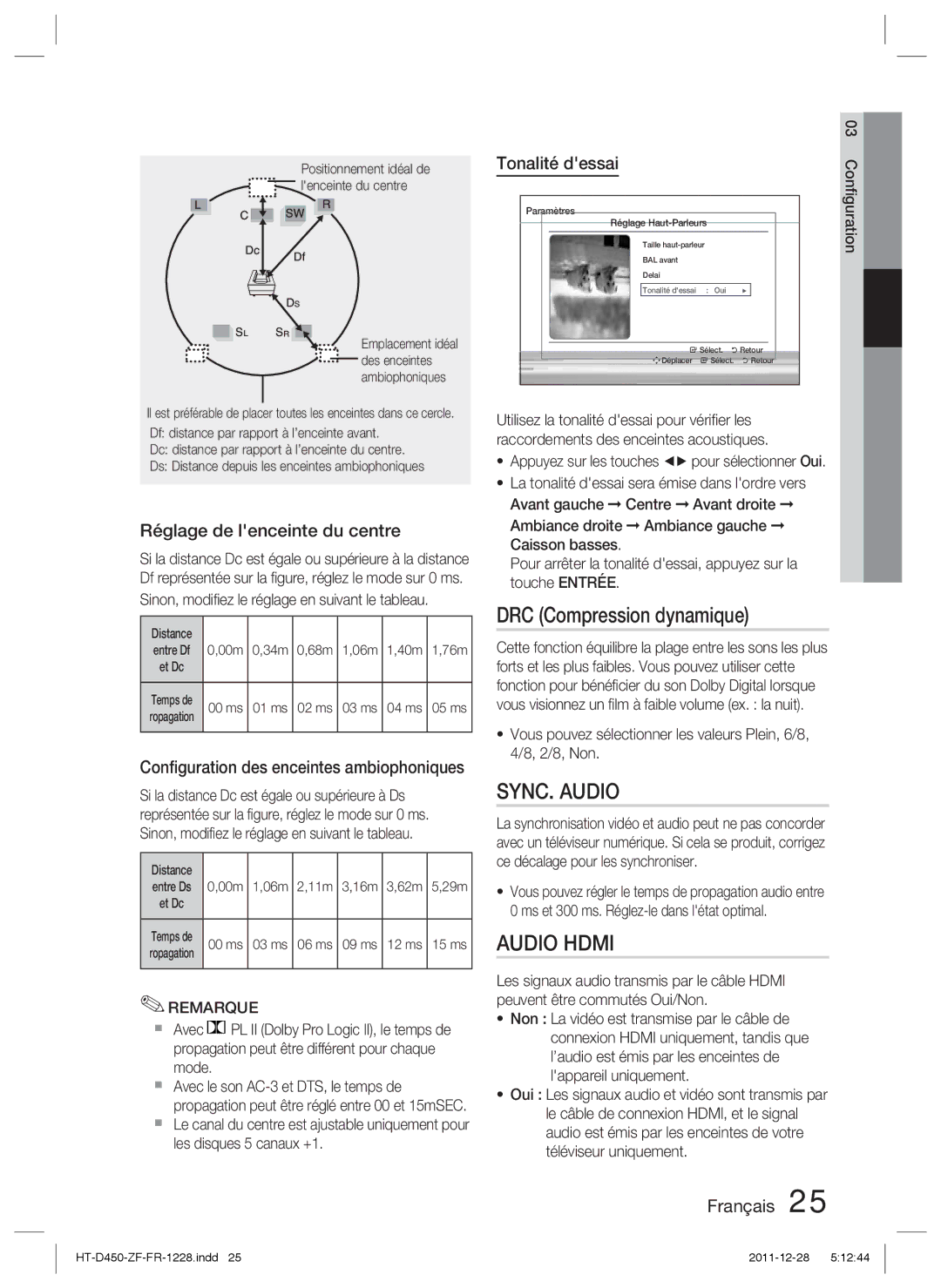 Samsung HT-D455/ZF, HT-D455/EN manual DRC Compression dynamique, Réglage de lenceinte du centre, Tonalité dessai 