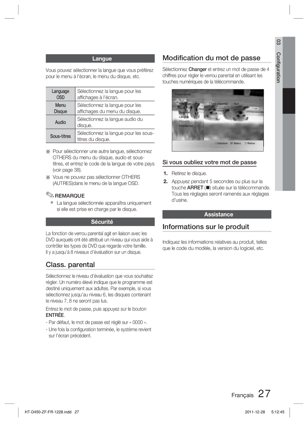 Samsung HT-D455/ZF, HT-D455/EN manual Class. parental, Modiﬁcation du mot de passe, Informations sur le produit 