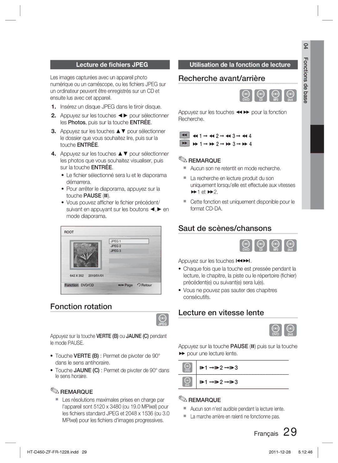 Samsung HT-D455/ZF manual Fonction rotation, Recherche avant/arrière, Saut de scènes/chansons, Lecture en vitesse lente 