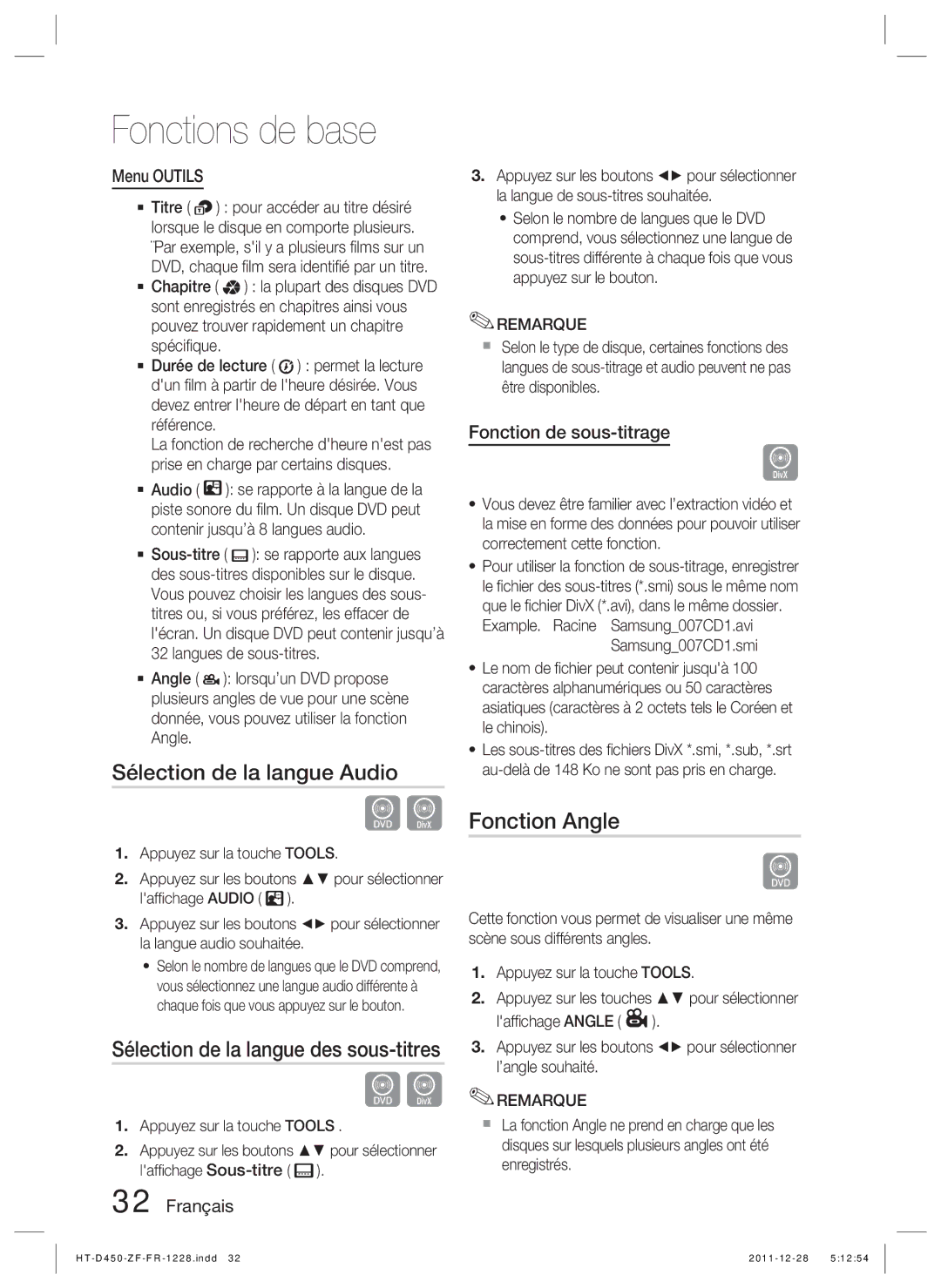 Samsung HT-D455/EN, HT-D455/ZF manual Sélection de la langue Audio, Fonction Angle, Fonction de sous-titrage, Menu Outils 