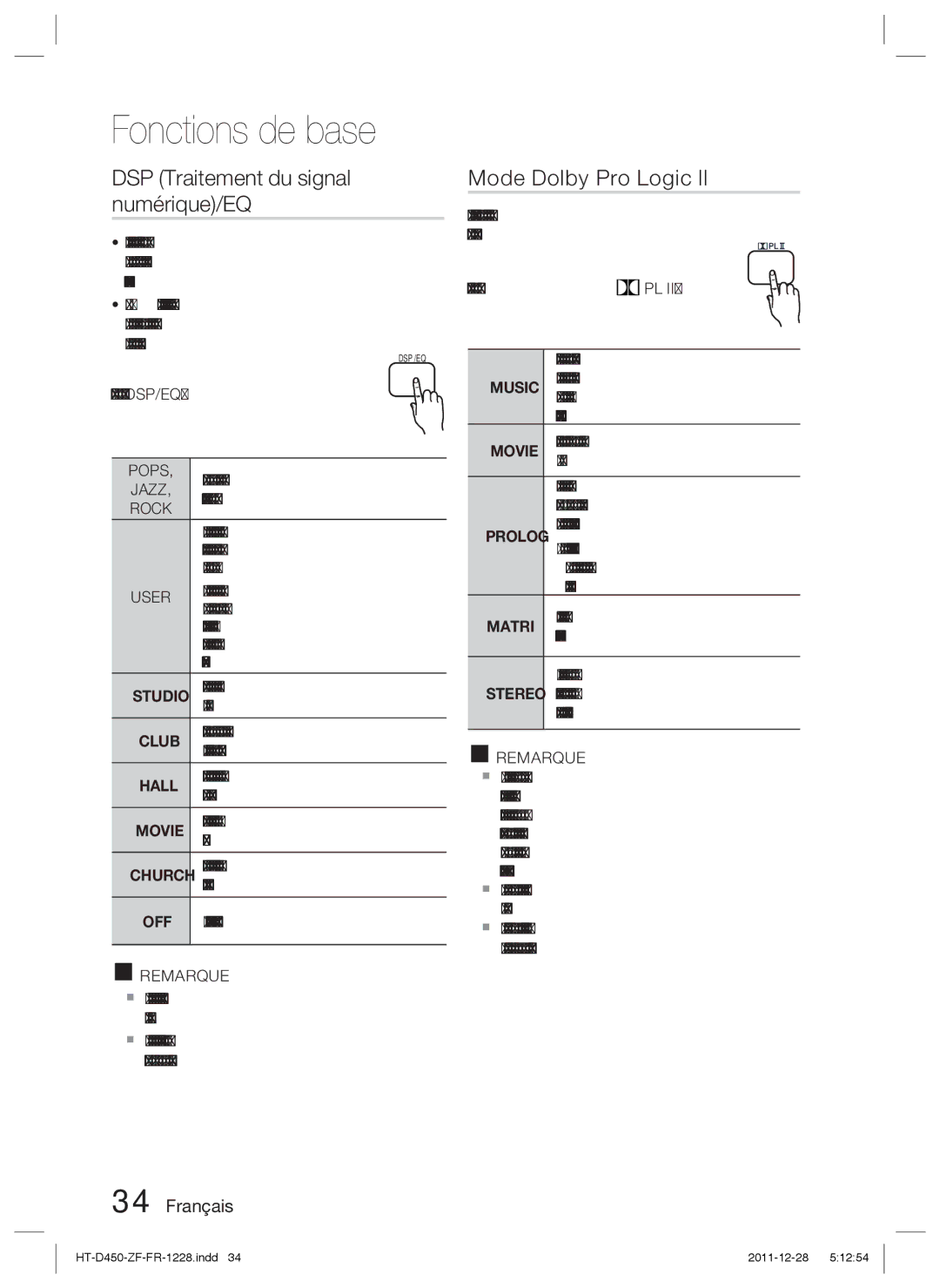 Samsung HT-D455/EN, HT-D455/ZF manual DSP Traitement du signal numérique/EQ, Mode Dolby Pro Logic ll, Pops, User EQ Util » 