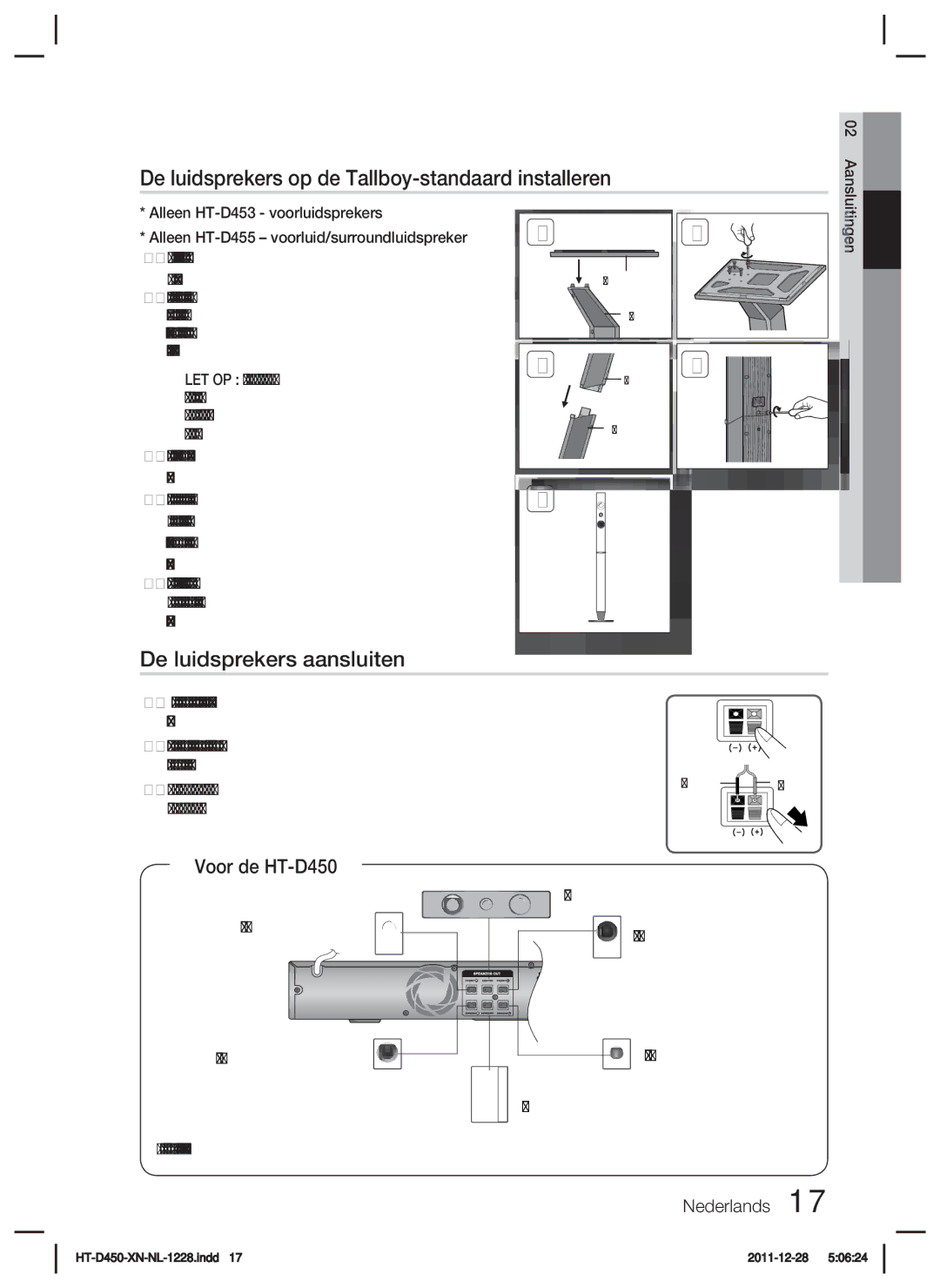 Samsung HT-D455/ZF manual De luidsprekers op de Tallboy-standaard installeren, De luidsprekers aansluiten, Voor de HT-D450 